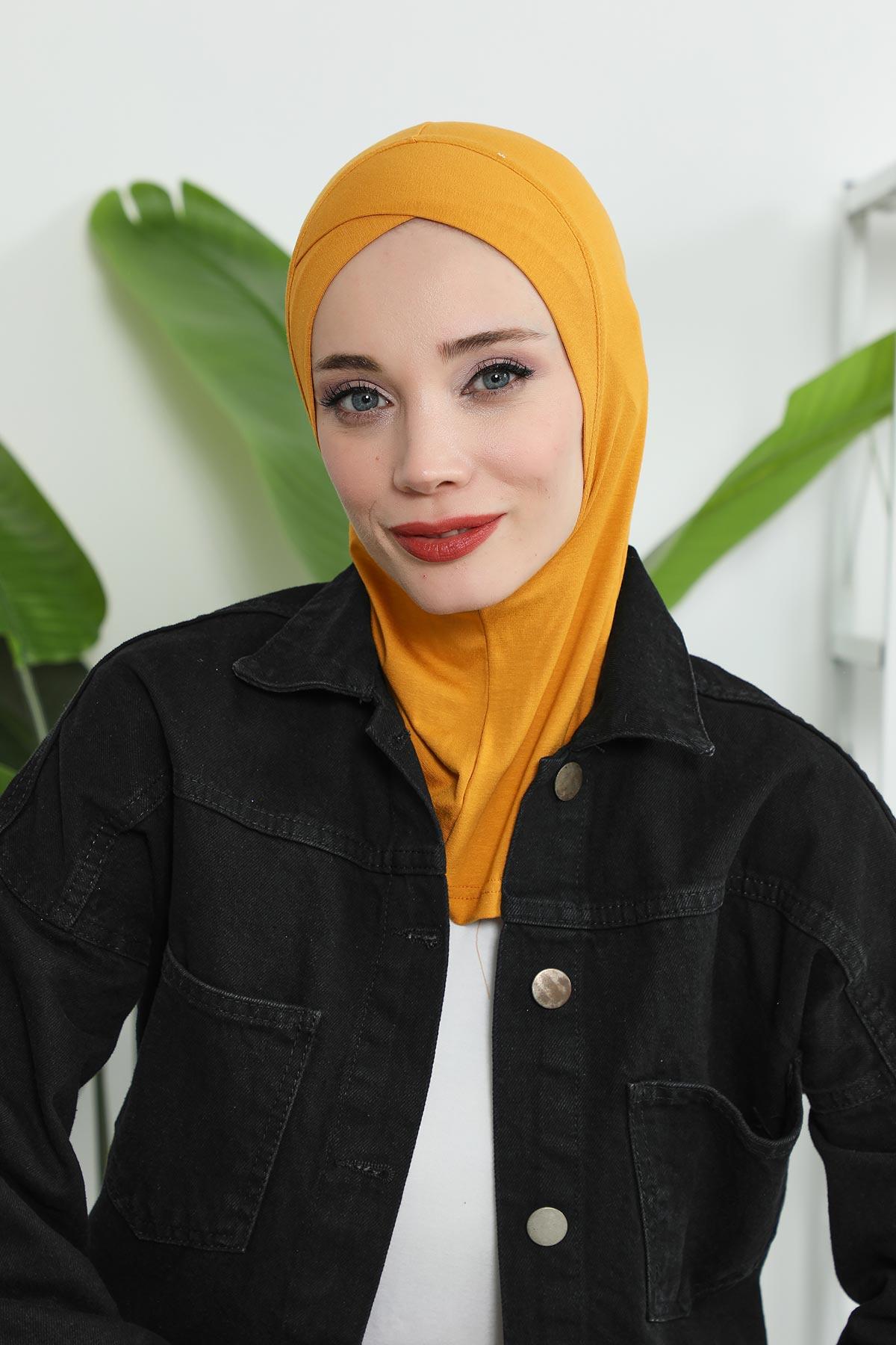 Minimalist Design Cotton Under Scarf Bonnet, Soft and Breathable Inner Hijab Cap, Easy Wear Cotton Bonnet Turban Ninja Cap,TB-4 Mustard Yellow
