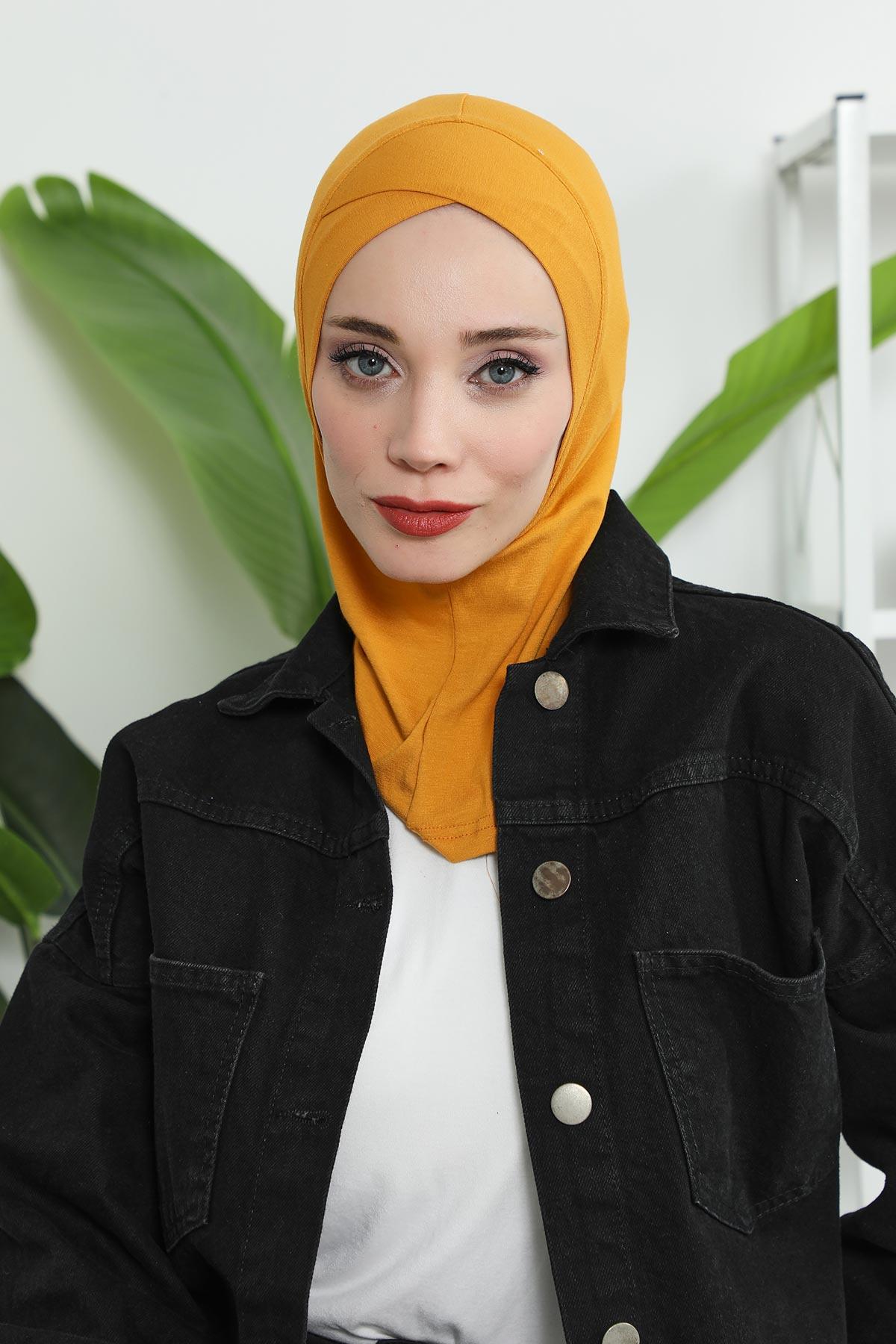 Minimalist Design Cotton Under Scarf Bonnet, Soft and Breathable Inner Hijab Cap, Easy Wear Cotton Bonnet Turban Ninja Cap,TB-4 Mustard Yellow