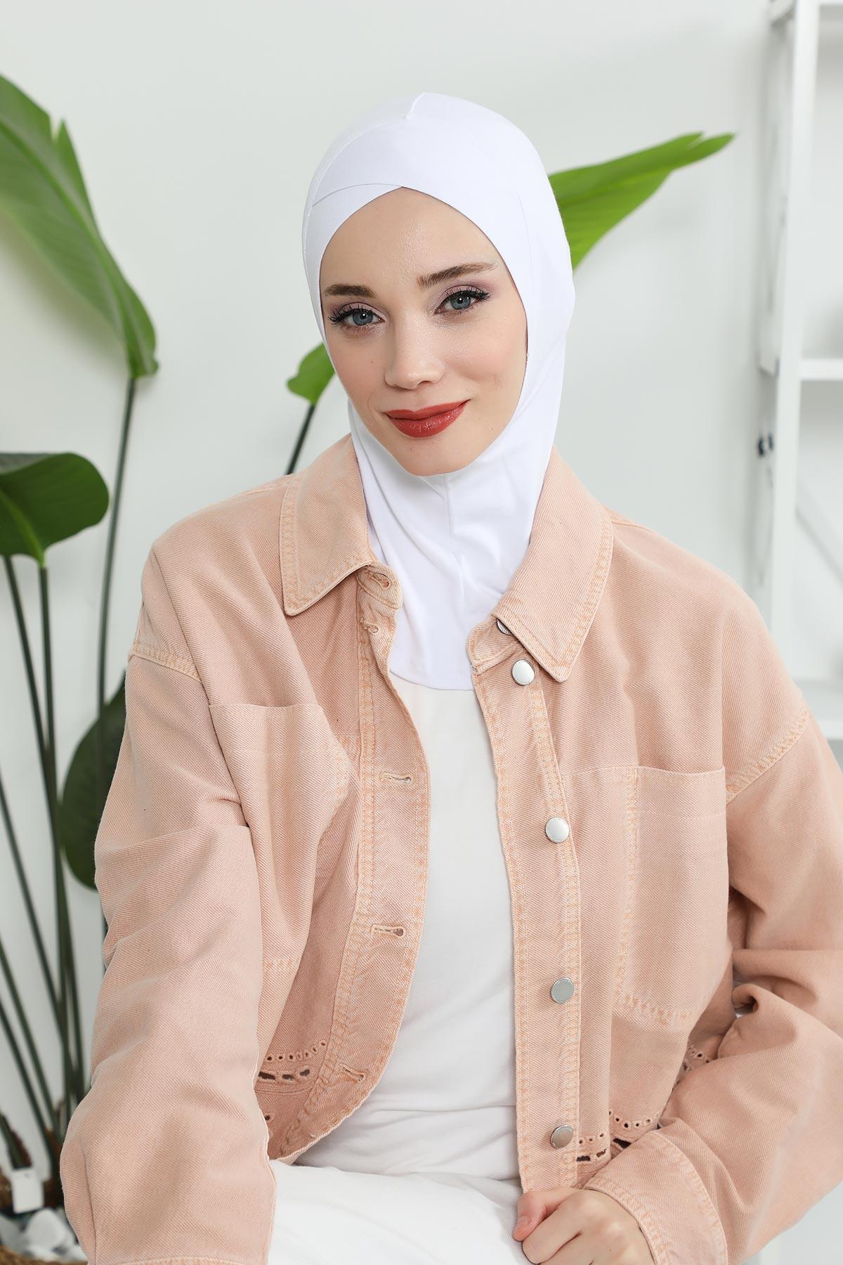 Minimalist Design Cotton Under Scarf Bonnet, Soft and Breathable Inner Hijab Cap, Easy Wear Cotton Bonnet Turban Ninja Cap,TB-4 White
