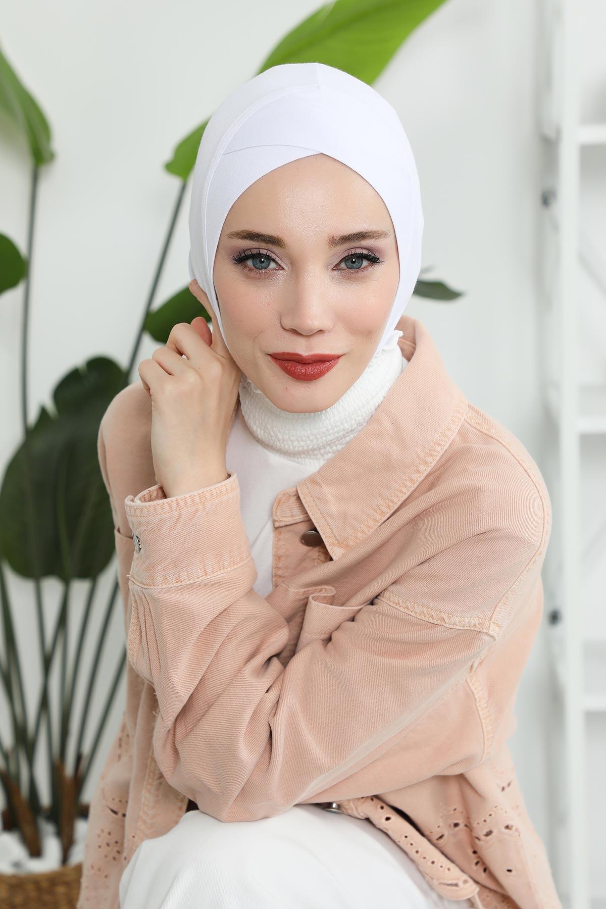 Minimalist Design Cotton Under Scarf Bonnet, Soft and Breathable Inner Hijab Cap, Easy Wear Cotton Bonnet Turban Ninja Cap,TB-4 White