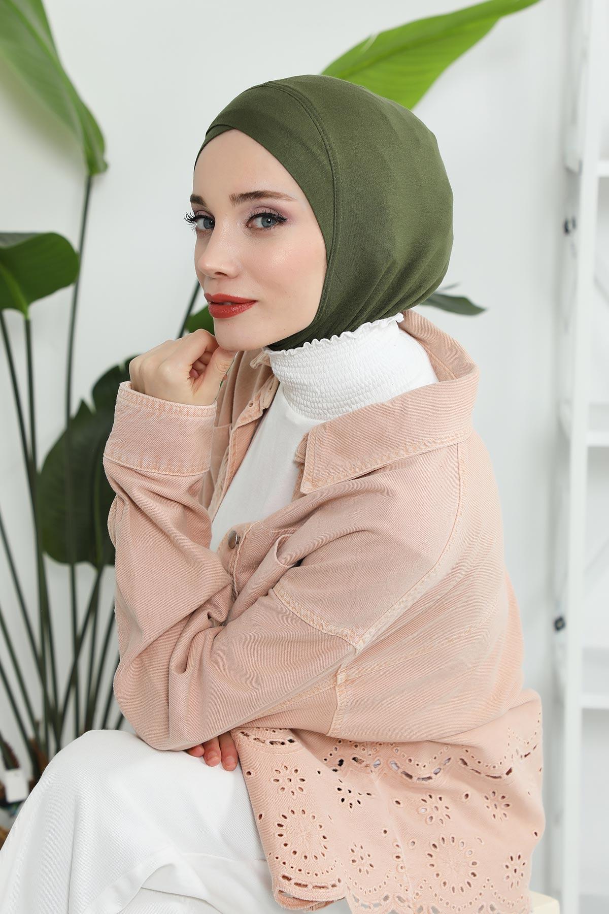 Minimalist Design Cotton Under Scarf Bonnet, Soft and Breathable Inner Hijab Cap, Easy Wear Cotton Bonnet Turban Ninja Cap,TB-4 Army Green