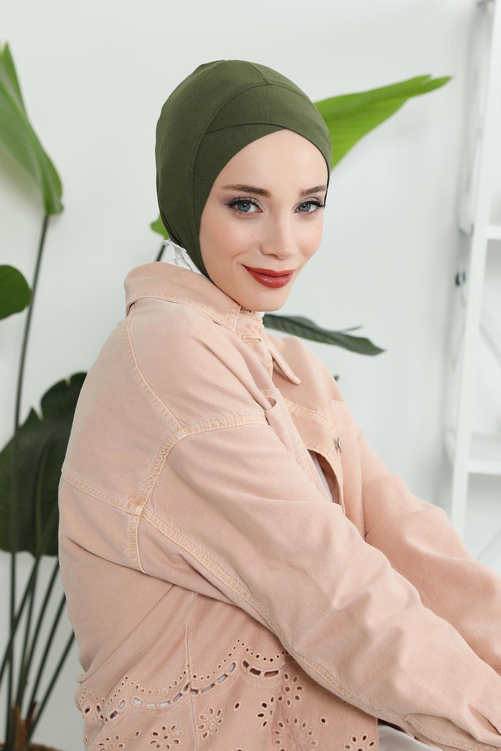 Minimalist Design Cotton Under Scarf Bonnet, Soft and Breathable Inner Hijab Cap, Easy Wear Cotton Bonnet Turban Ninja Cap,TB-4 Army Green