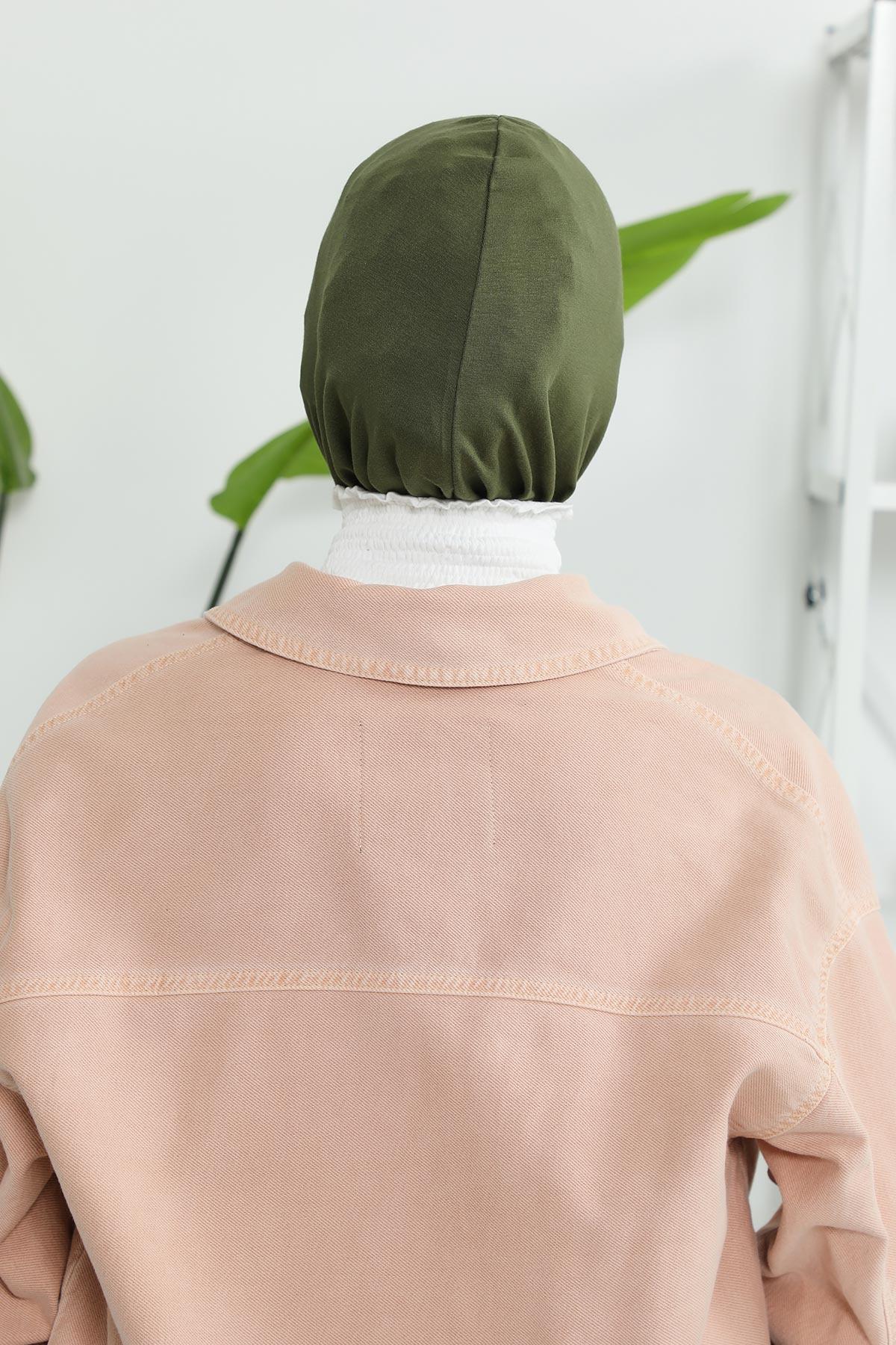 Minimalist Design Cotton Under Scarf Bonnet, Soft and Breathable Inner Hijab Cap, Easy Wear Cotton Bonnet Turban Ninja Cap,TB-4 Army Green
