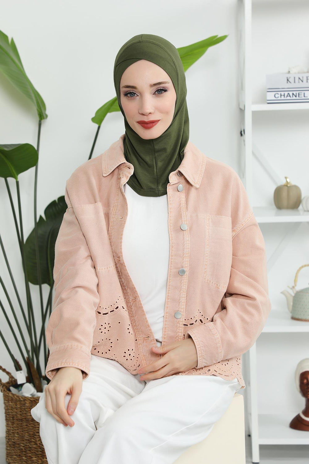 Minimalist Design Cotton Under Scarf Bonnet, Soft and Breathable Inner Hijab Cap, Easy Wear Cotton Bonnet Turban Ninja Cap,TB-4 Army Green