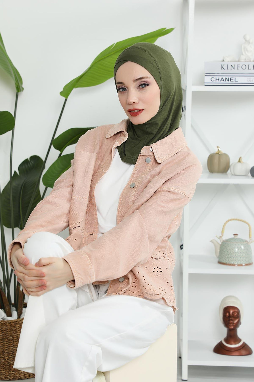 Minimalist Design Cotton Under Scarf Bonnet, Soft and Breathable Inner Hijab Cap, Easy Wear Cotton Bonnet Turban Ninja Cap,TB-4 Army Green