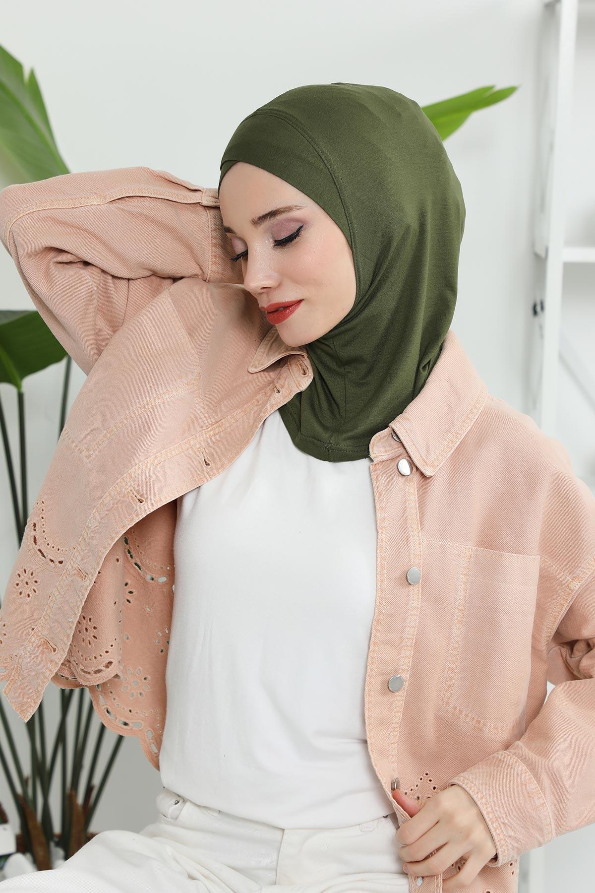 Minimalist Design Cotton Under Scarf Bonnet, Soft and Breathable Inner Hijab Cap, Easy Wear Cotton Bonnet Turban Ninja Cap,TB-4 Army Green