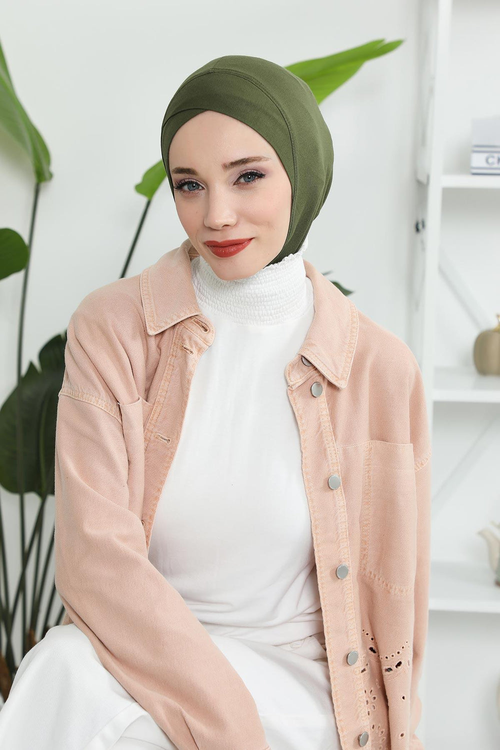 Minimalist Design Cotton Under Scarf Bonnet, Soft and Breathable Inner Hijab Cap, Easy Wear Cotton Bonnet Turban Ninja Cap,TB-4 Army Green
