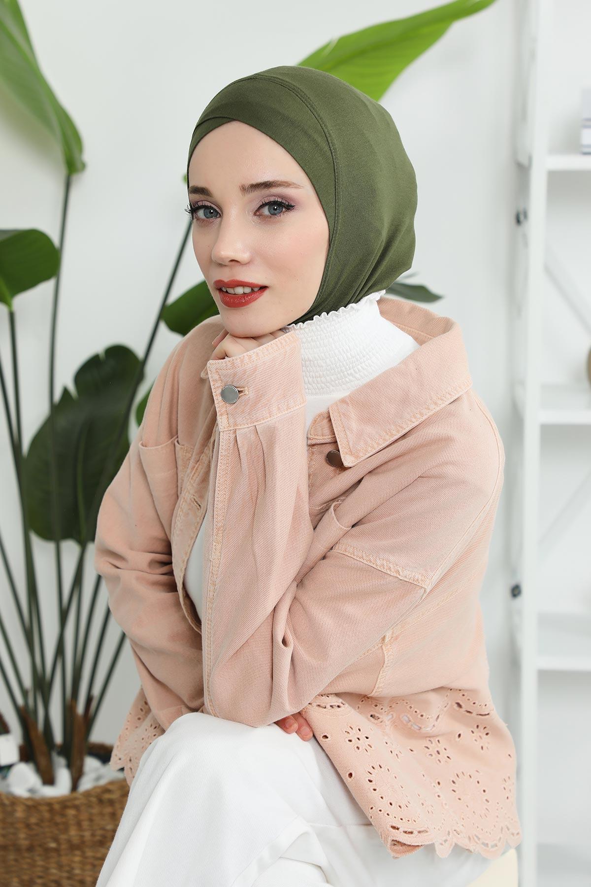 Minimalist Design Cotton Under Scarf Bonnet, Soft and Breathable Inner Hijab Cap, Easy Wear Cotton Bonnet Turban Ninja Cap,TB-4 Army Green