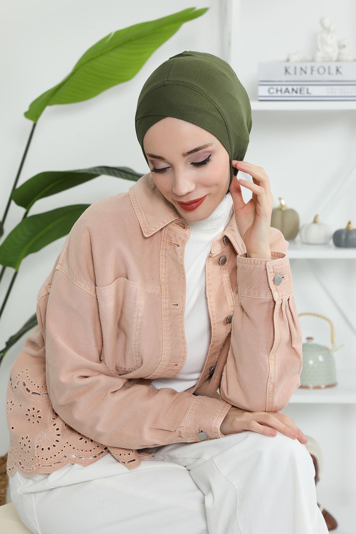 Minimalist Design Cotton Under Scarf Bonnet, Soft and Breathable Inner Hijab Cap, Easy Wear Cotton Bonnet Turban Ninja Cap,TB-4 Army Green