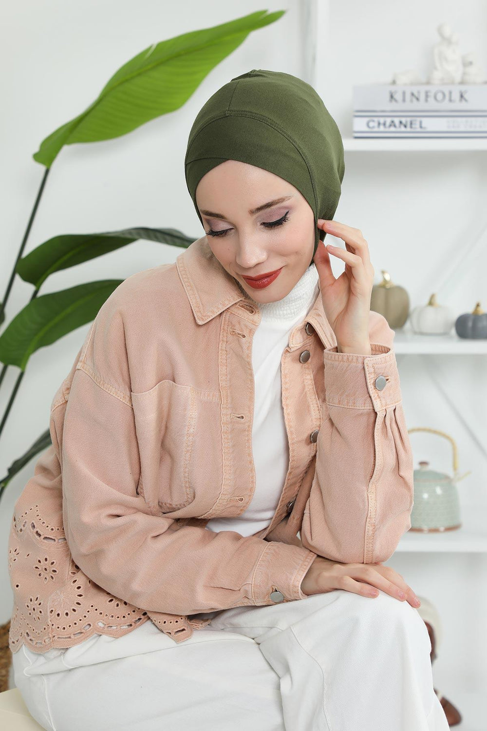 Minimalist Design Cotton Under Scarf Bonnet, Soft and Breathable Inner Hijab Cap, Easy Wear Cotton Bonnet Turban Ninja Cap,TB-4 Army Green