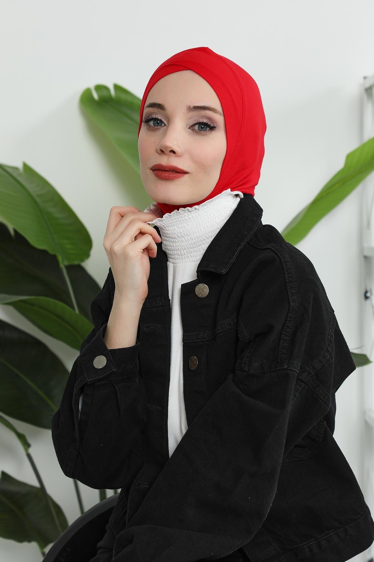 Minimalist Design Cotton Under Scarf Bonnet, Soft and Breathable Inner Hijab Cap, Easy Wear Cotton Bonnet Turban Ninja Cap,TB-4 Red