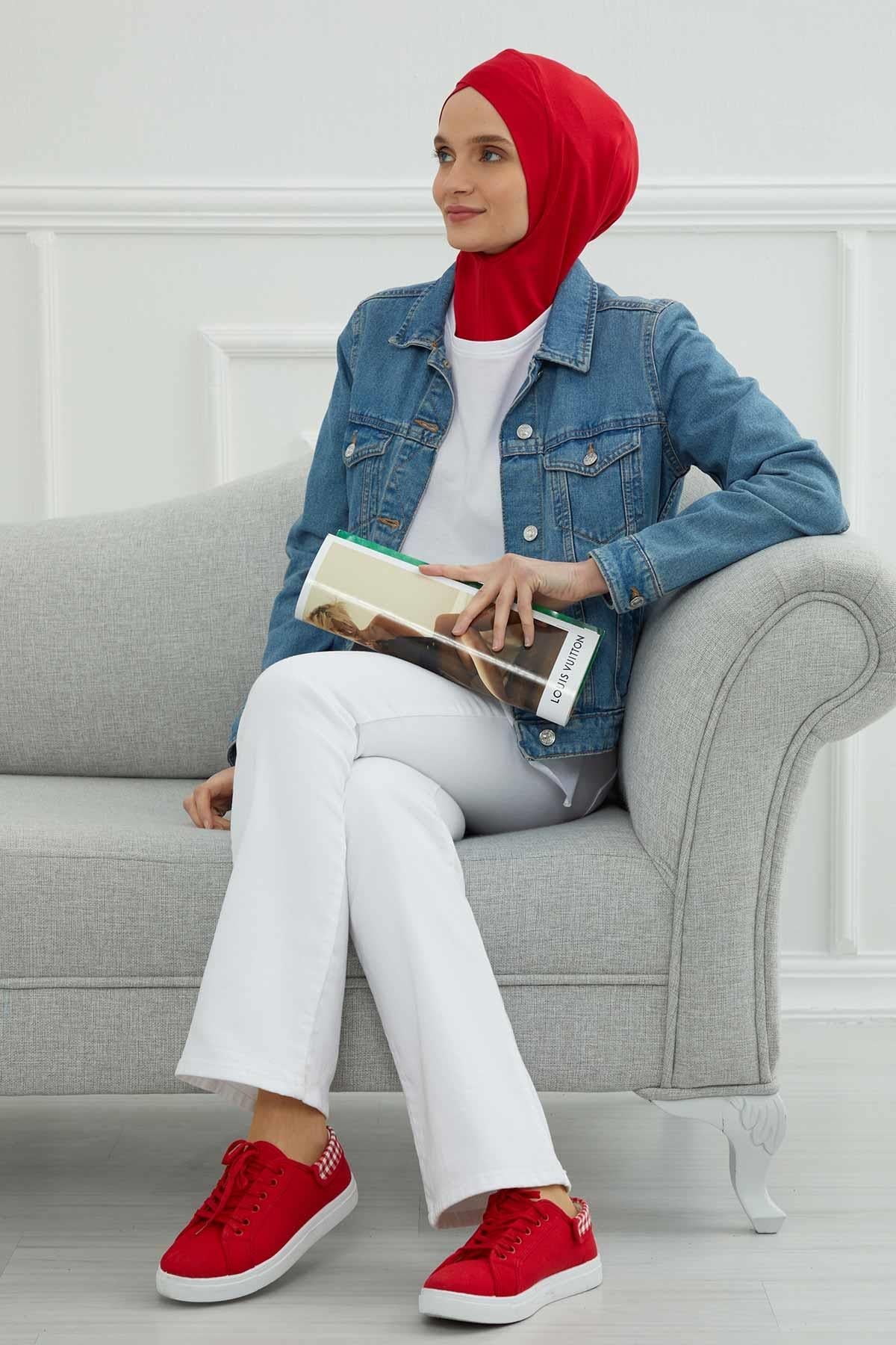 Minimalist Design Cotton Under Scarf Bonnet, Soft and Breathable Inner Hijab Cap, Easy Wear Cotton Bonnet Turban Ninja Cap,TB-4 Red