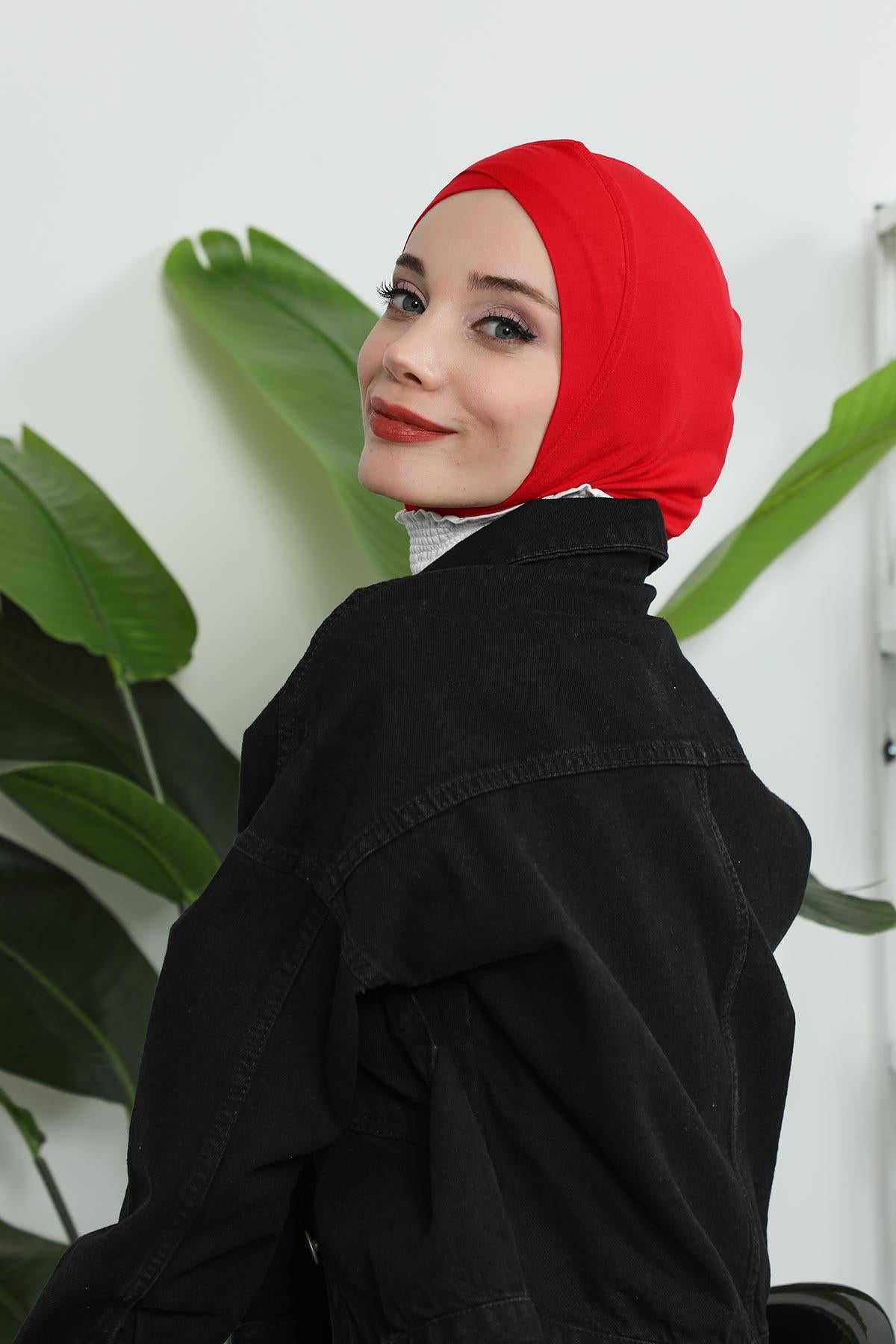 Minimalist Design Cotton Under Scarf Bonnet, Soft and Breathable Inner Hijab Cap, Easy Wear Cotton Bonnet Turban Ninja Cap,TB-4 Red
