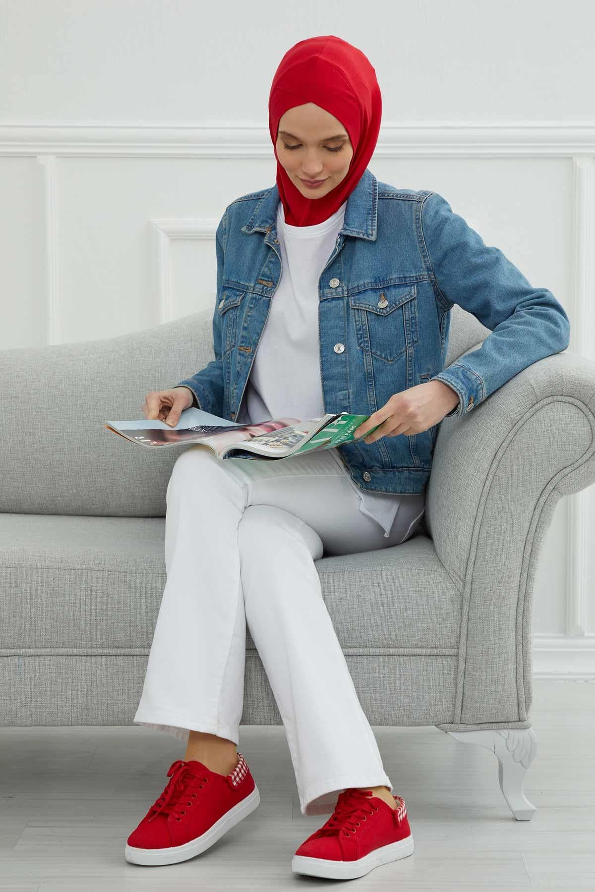 Minimalist Design Cotton Under Scarf Bonnet, Soft and Breathable Inner Hijab Cap, Easy Wear Cotton Bonnet Turban Ninja Cap,TB-4 Red