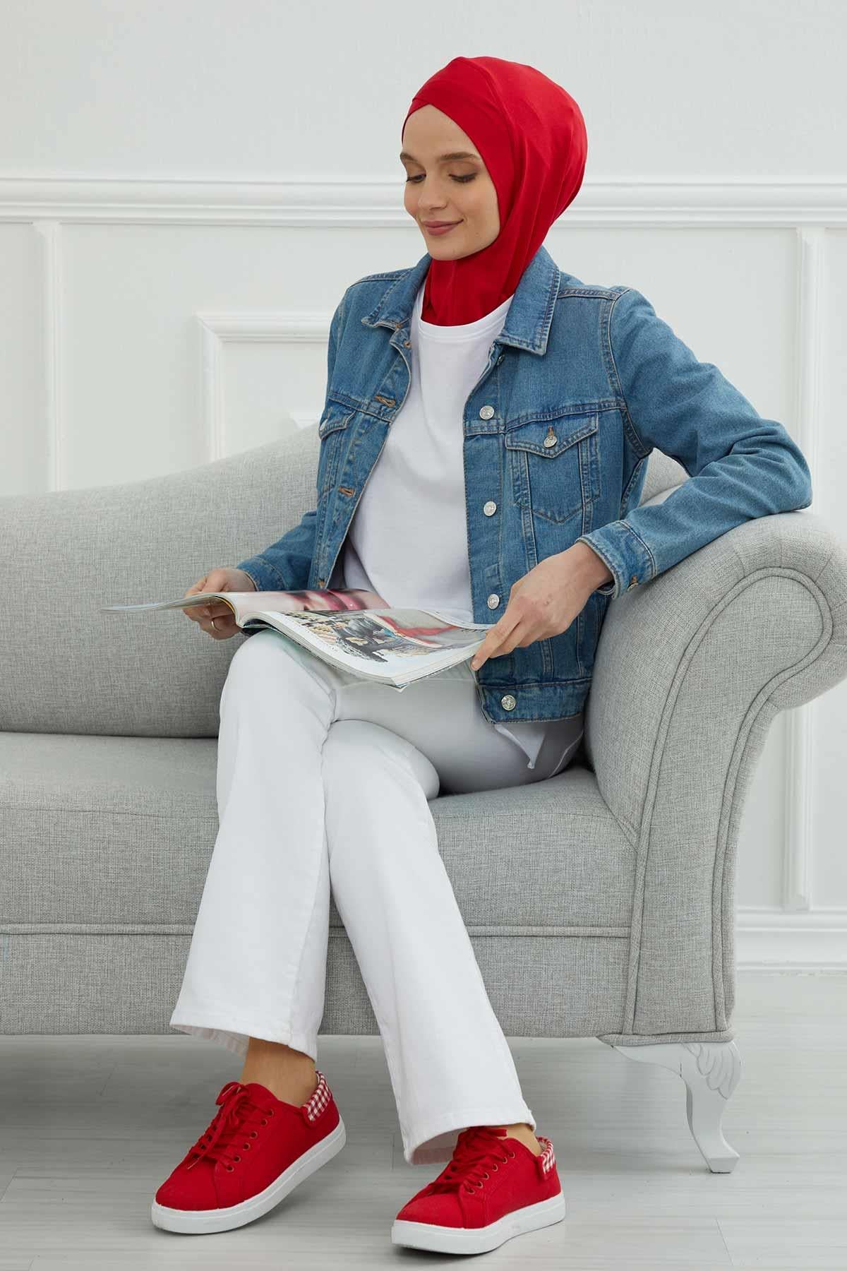 Minimalist Design Cotton Under Scarf Bonnet, Soft and Breathable Inner Hijab Cap, Easy Wear Cotton Bonnet Turban Ninja Cap,TB-4 Red