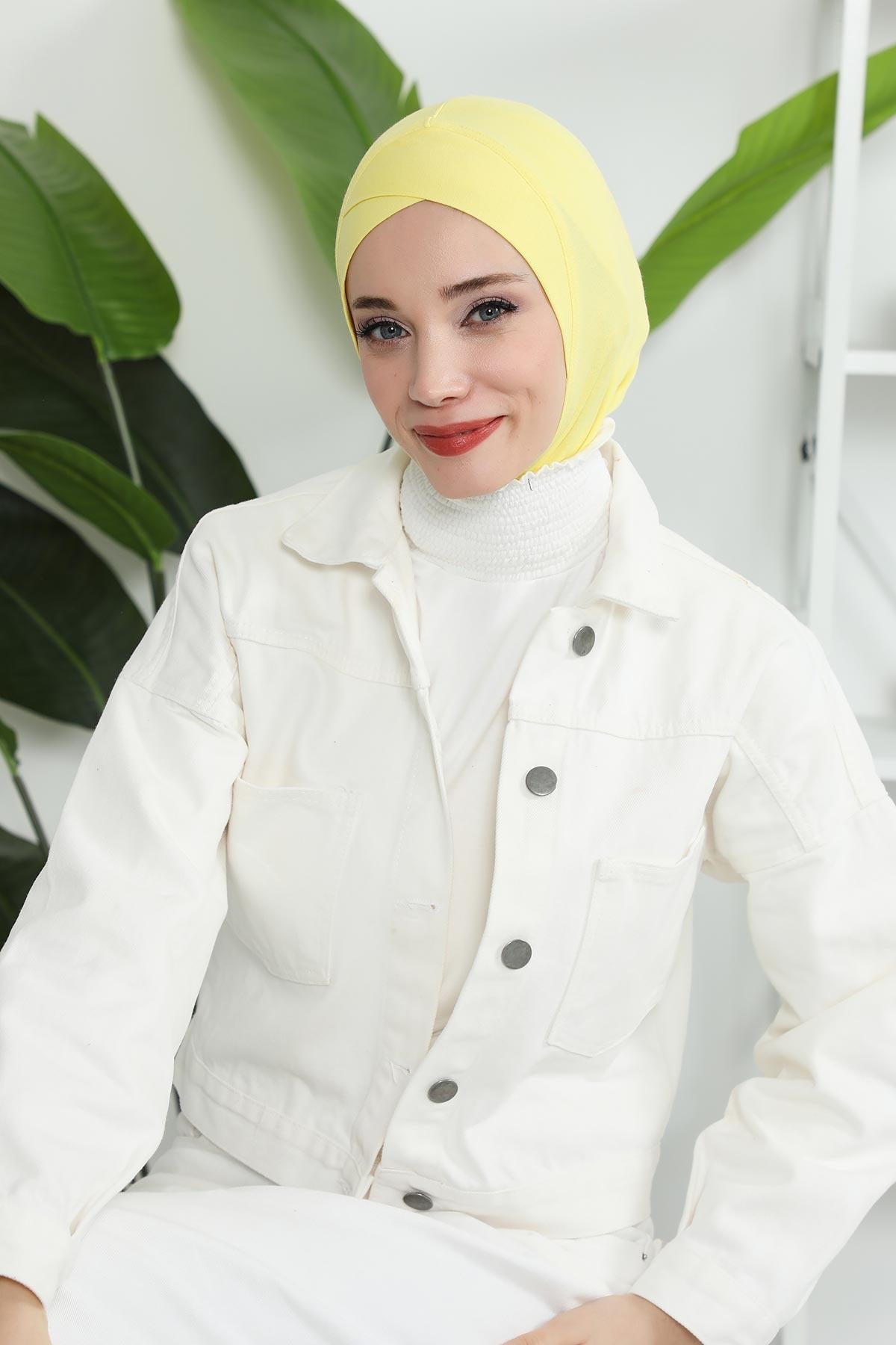 Minimalist Design Cotton Under Scarf Bonnet, Soft and Breathable Inner Hijab Cap, Easy Wear Cotton Bonnet Turban Ninja Cap,TB-4 Yellow