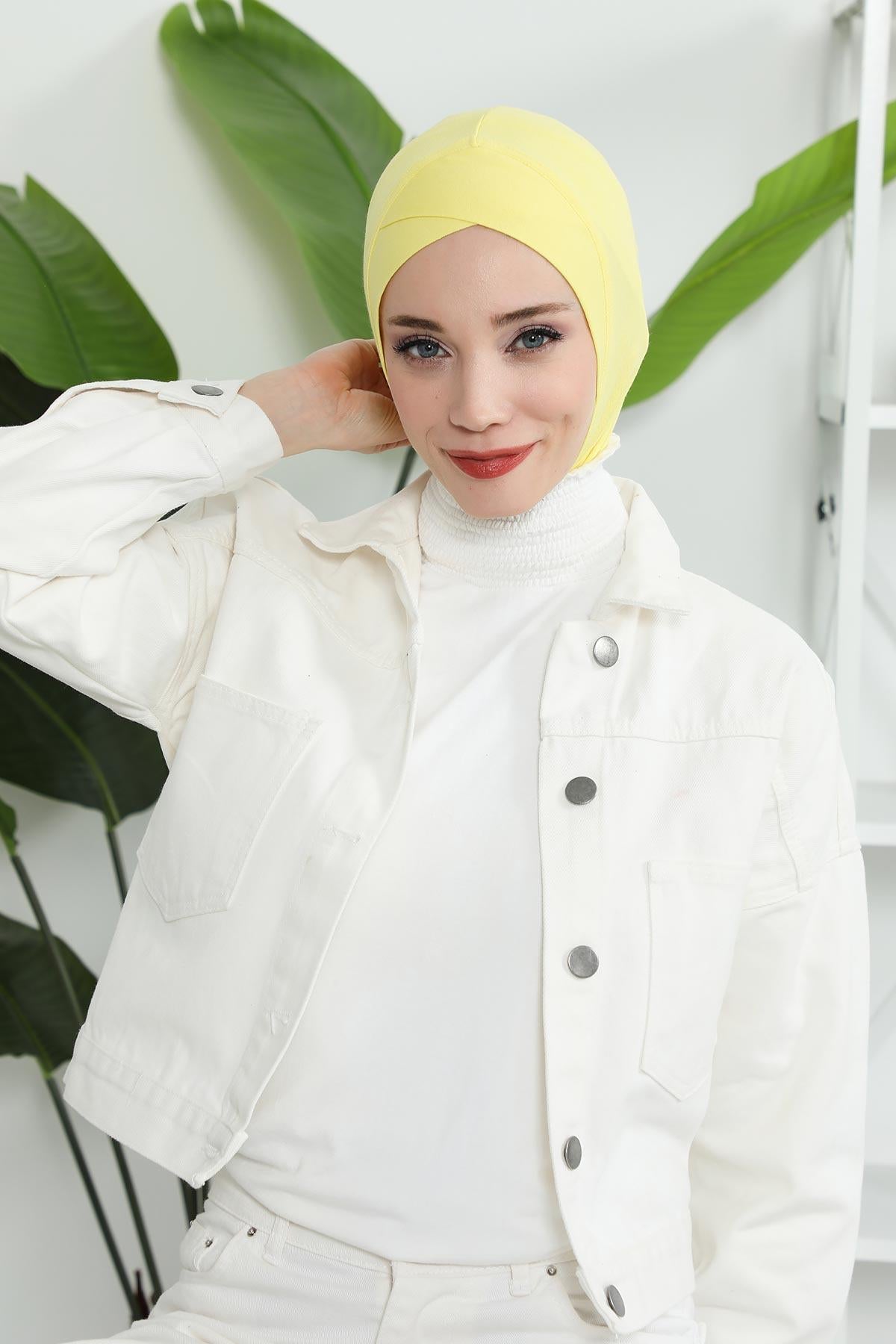 Minimalist Design Cotton Under Scarf Bonnet, Soft and Breathable Inner Hijab Cap, Easy Wear Cotton Bonnet Turban Ninja Cap,TB-4 Yellow