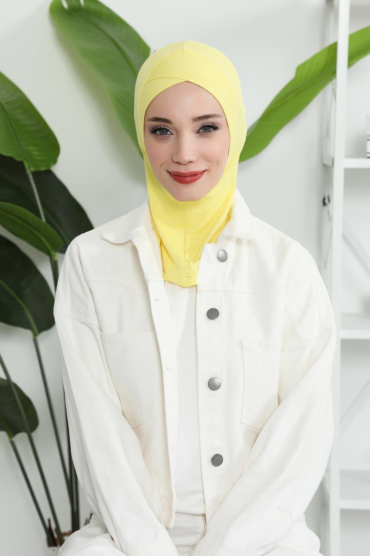 Minimalist Design Cotton Under Scarf Bonnet, Soft and Breathable Inner Hijab Cap, Easy Wear Cotton Bonnet Turban Ninja Cap,TB-4 Yellow