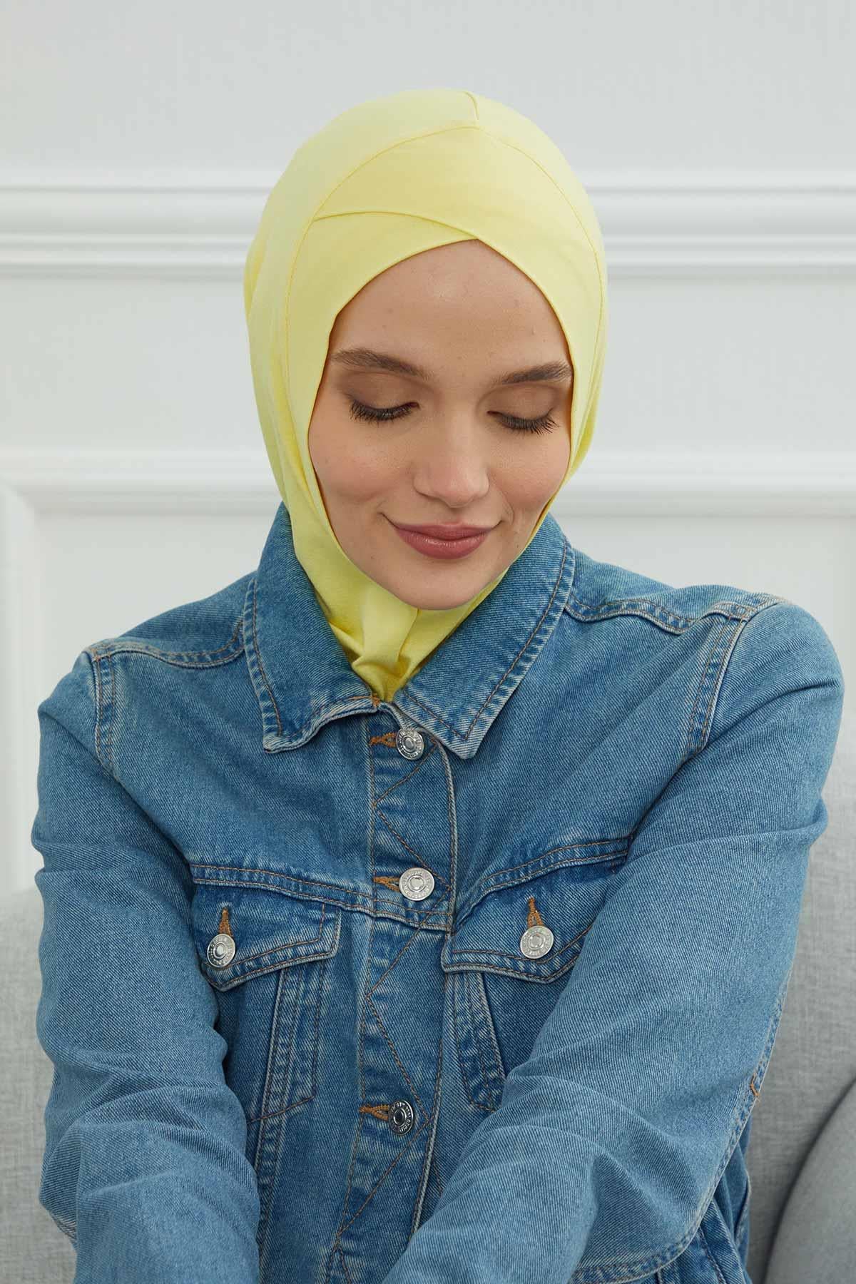 Minimalist Design Cotton Under Scarf Bonnet, Soft and Breathable Inner Hijab Cap, Easy Wear Cotton Bonnet Turban Ninja Cap,TB-4 Yellow