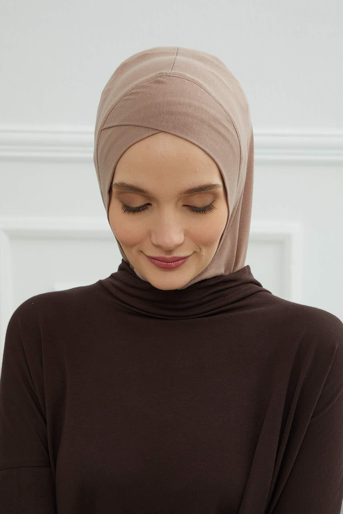Minimalist Design Cotton Under Scarf Bonnet, Soft and Breathable Inner Hijab Cap, Easy Wear Cotton Bonnet Turban Ninja Cap,TB-4 Mink