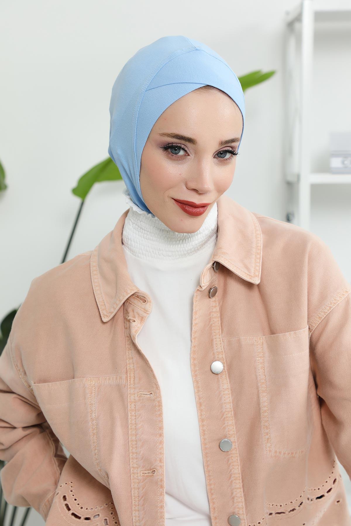 Minimalist Design Cotton Under Scarf Bonnet, Soft and Breathable Inner Hijab Cap, Easy Wear Cotton Bonnet Turban Ninja Cap,TB-4 Blue