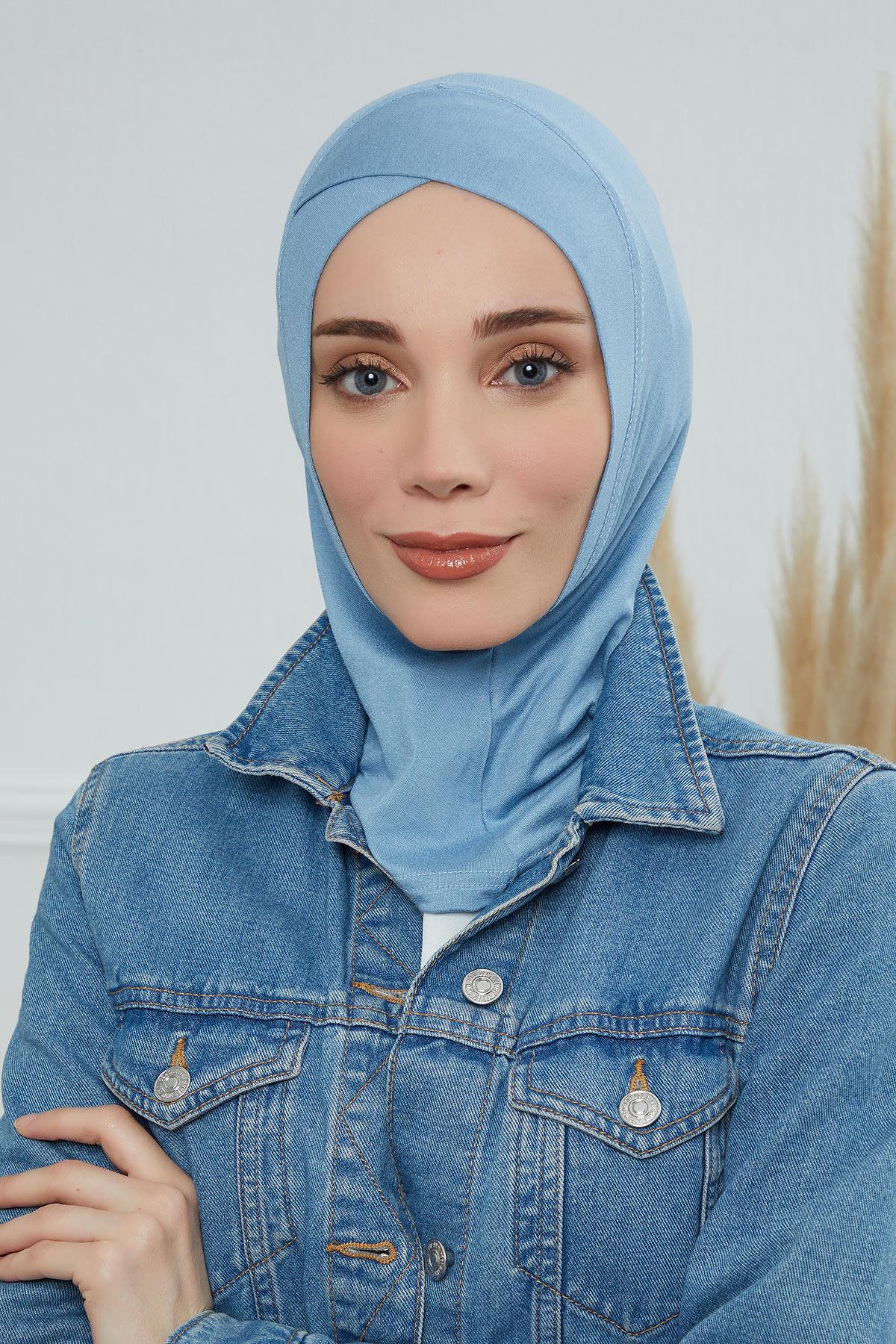Minimalist Design Cotton Under Scarf Bonnet, Soft and Breathable Inner Hijab Cap, Easy Wear Cotton Bonnet Turban Ninja Cap,TB-4 Blue