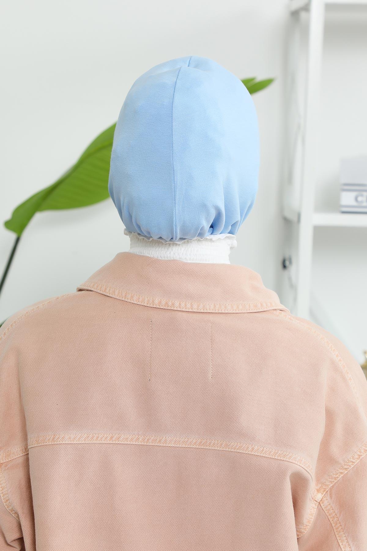 Minimalist Design Cotton Under Scarf Bonnet, Soft and Breathable Inner Hijab Cap, Easy Wear Cotton Bonnet Turban Ninja Cap,TB-4 Blue