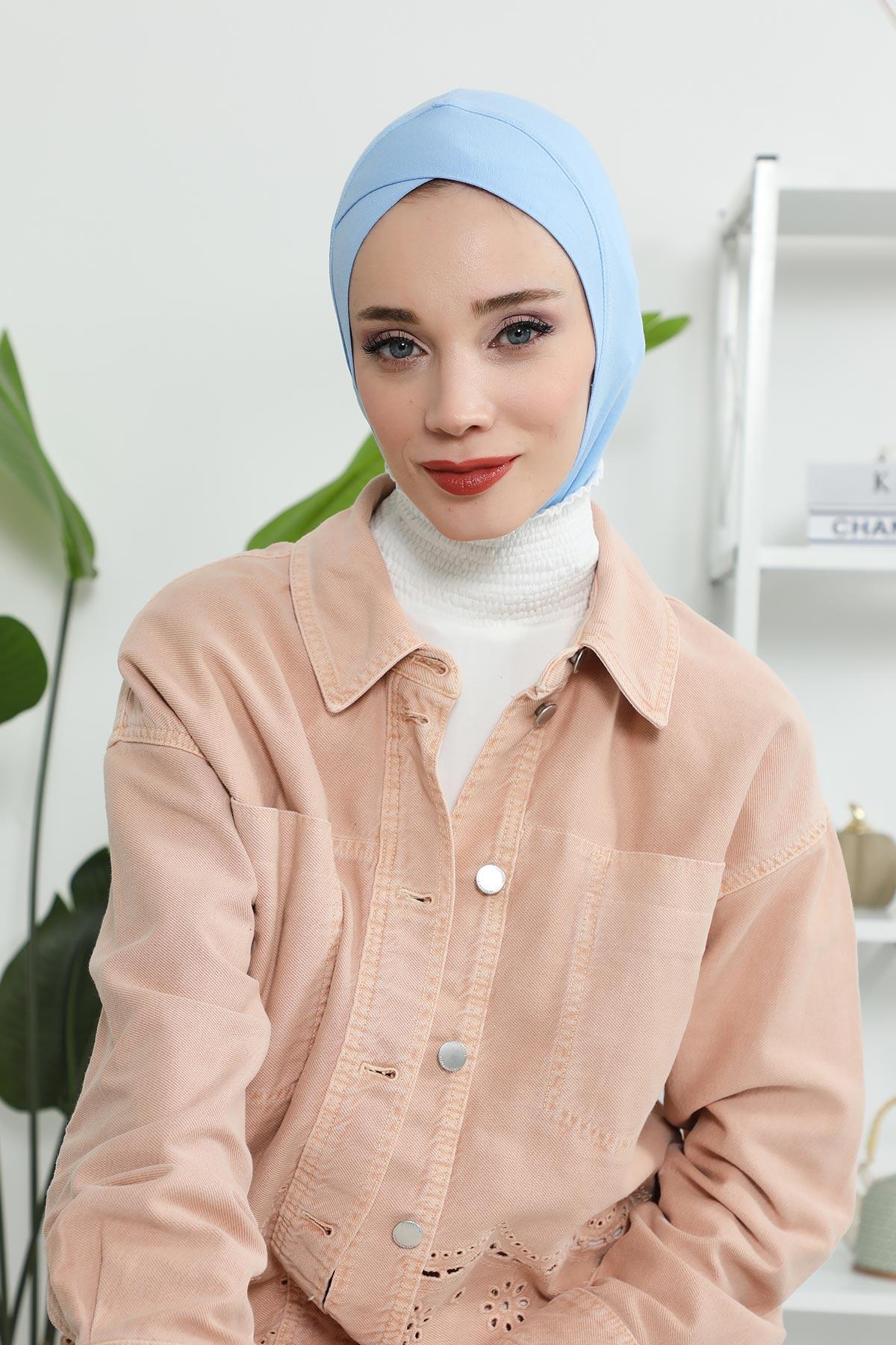 Minimalist Design Cotton Under Scarf Bonnet, Soft and Breathable Inner Hijab Cap, Easy Wear Cotton Bonnet Turban Ninja Cap,TB-4 Blue