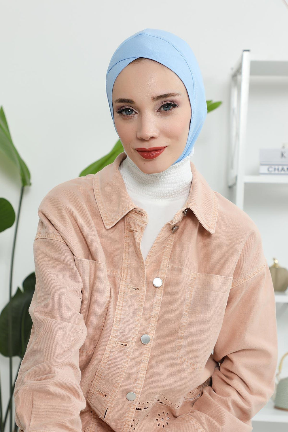 Minimalist Design Cotton Under Scarf Bonnet, Soft and Breathable Inner Hijab Cap, Easy Wear Cotton Bonnet Turban Ninja Cap,TB-4 Blue
