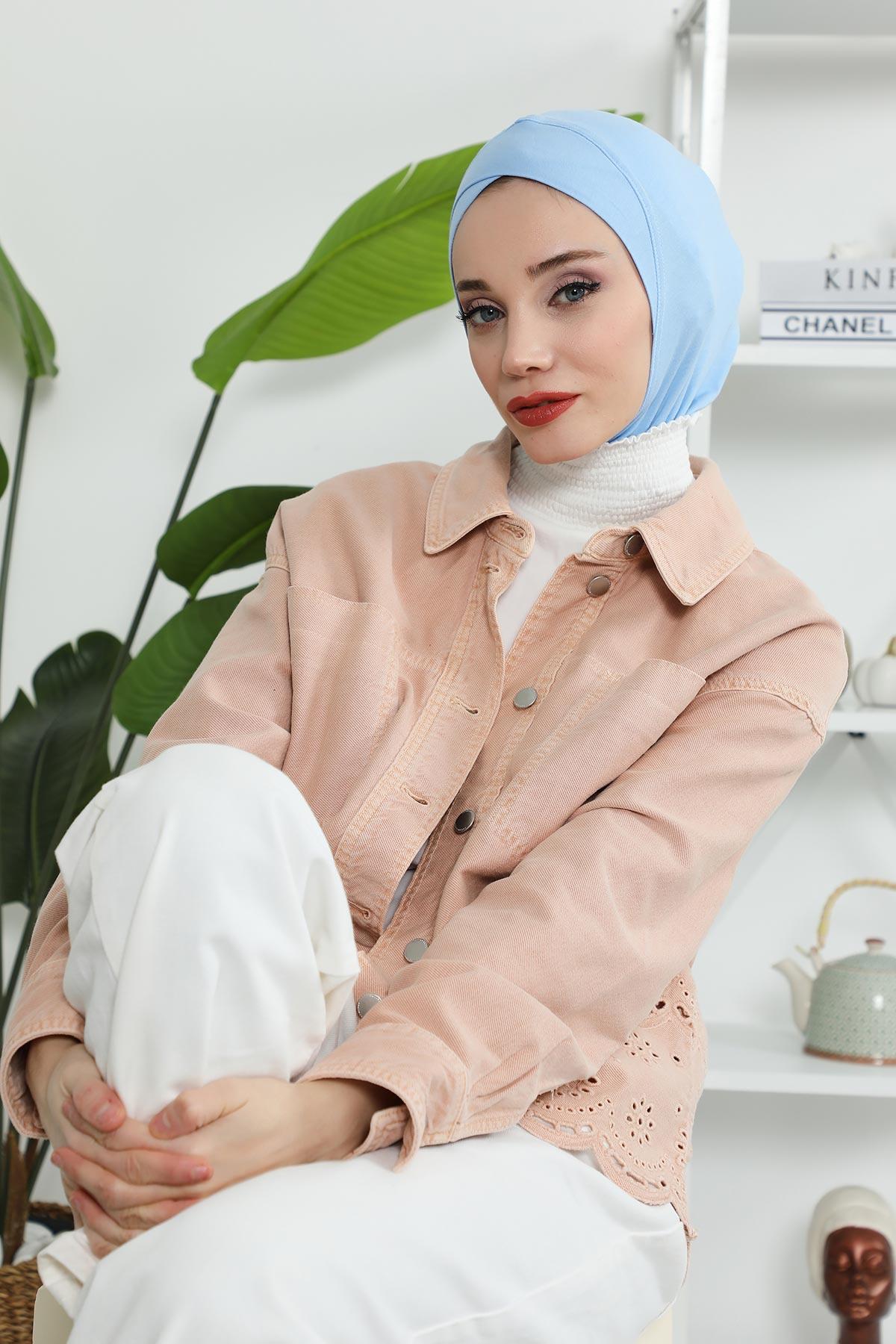 Minimalist Design Cotton Under Scarf Bonnet, Soft and Breathable Inner Hijab Cap, Easy Wear Cotton Bonnet Turban Ninja Cap,TB-4 Blue
