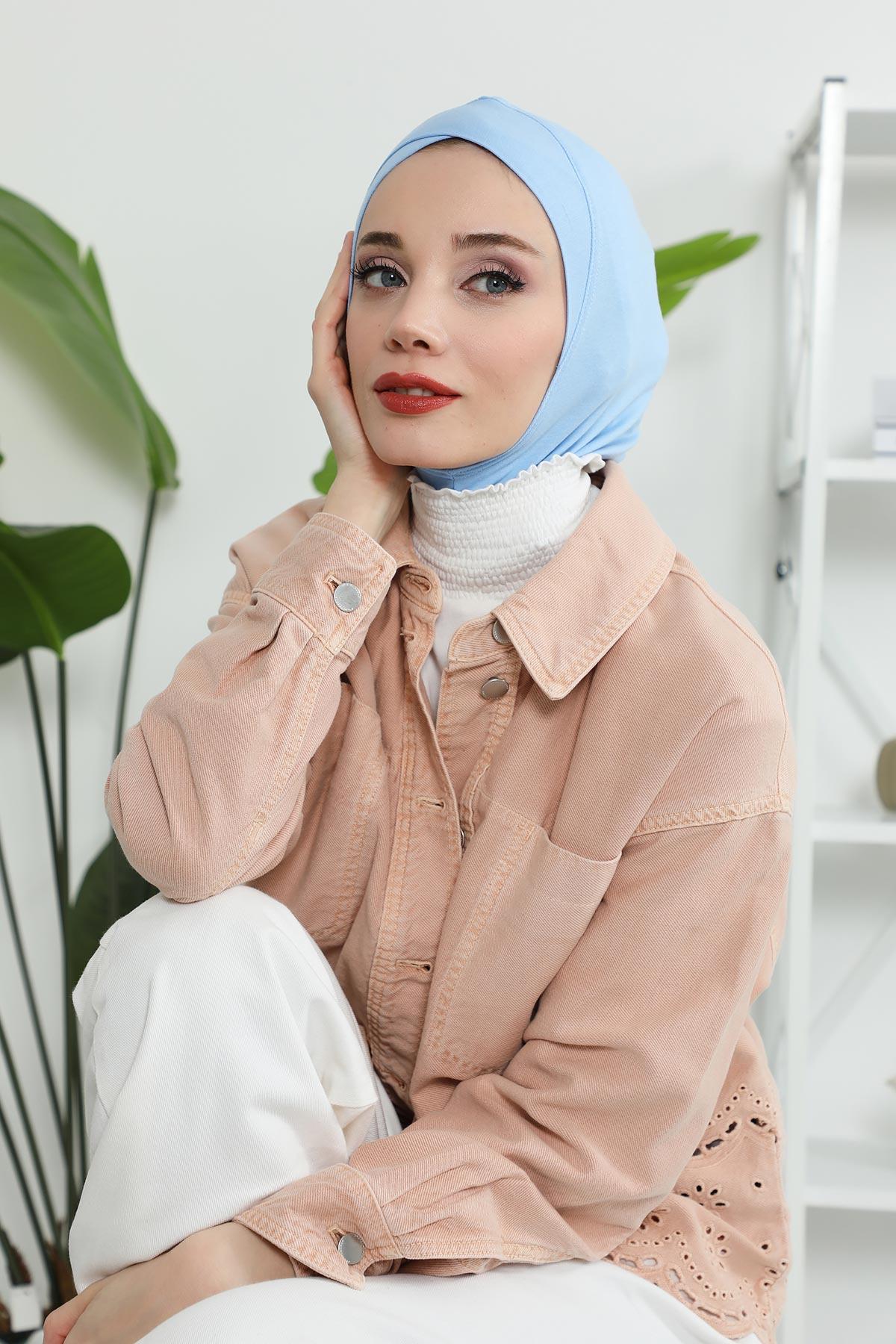 Minimalist Design Cotton Under Scarf Bonnet, Soft and Breathable Inner Hijab Cap, Easy Wear Cotton Bonnet Turban Ninja Cap,TB-4 Blue