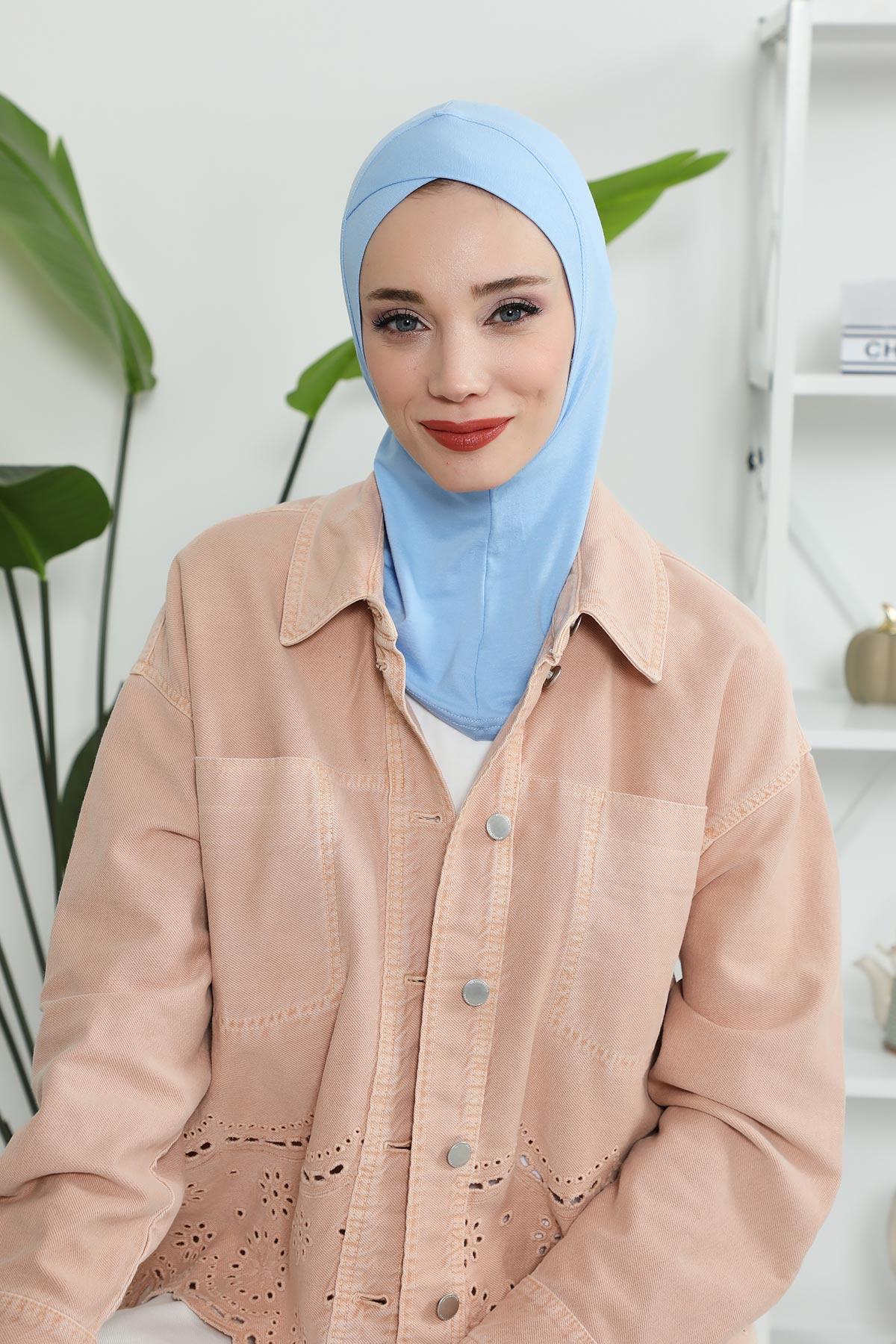 Minimalist Design Cotton Under Scarf Bonnet, Soft and Breathable Inner Hijab Cap, Easy Wear Cotton Bonnet Turban Ninja Cap,TB-4 Blue