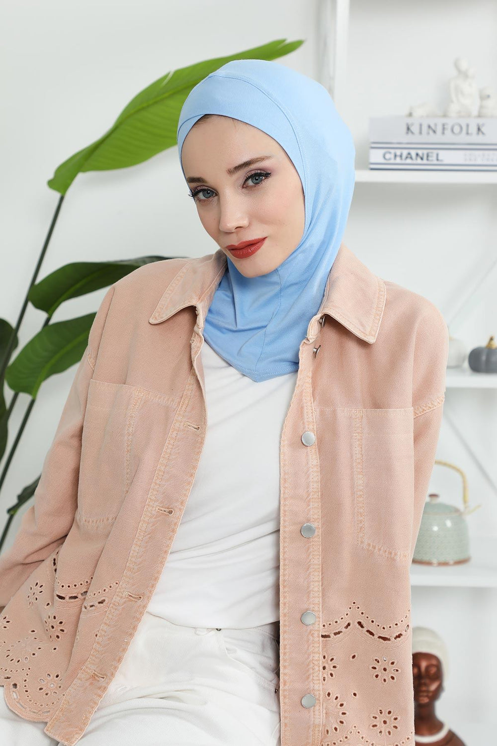 Minimalist Design Cotton Under Scarf Bonnet, Soft and Breathable Inner Hijab Cap, Easy Wear Cotton Bonnet Turban Ninja Cap,TB-4 Blue