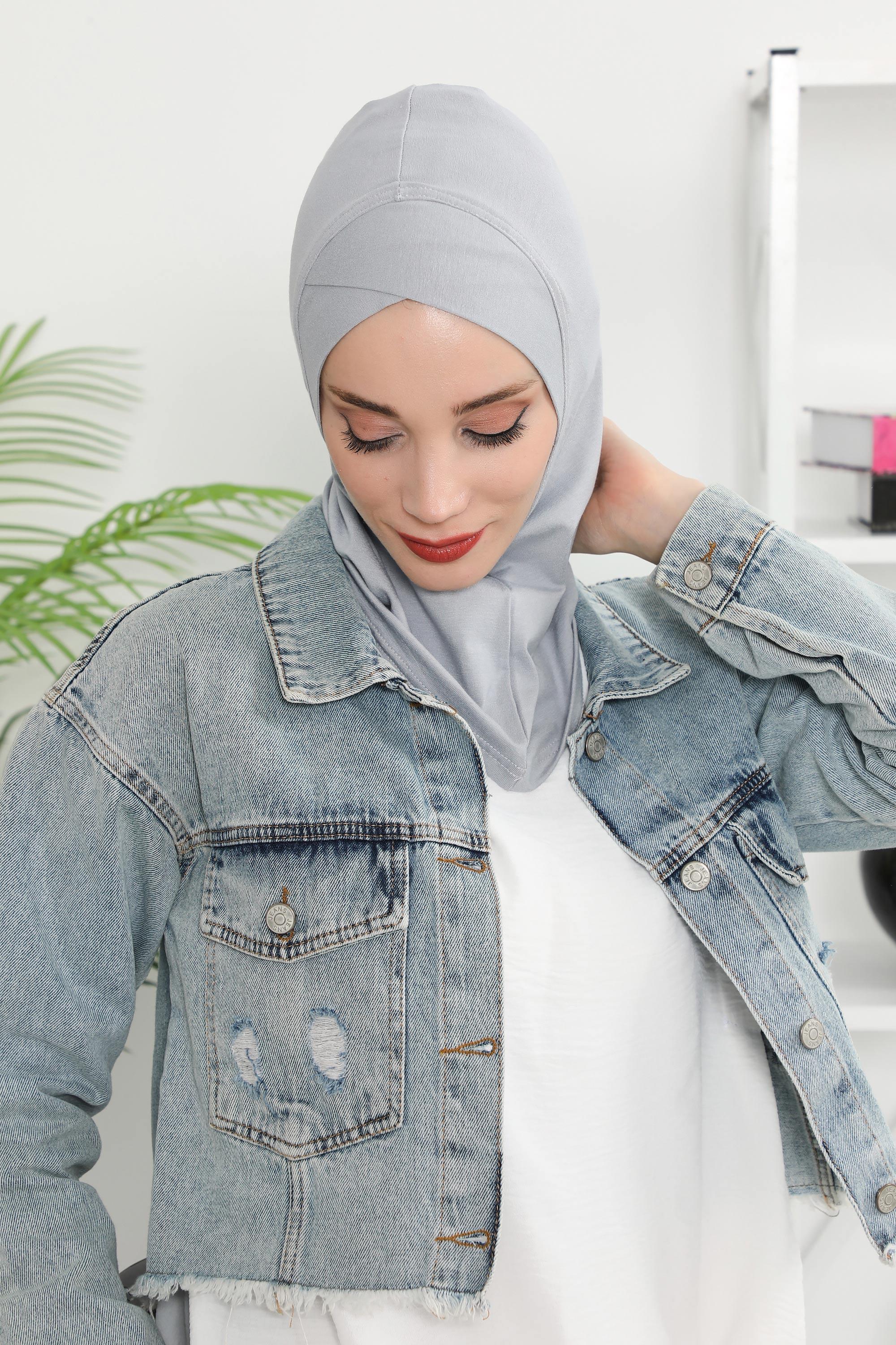 Minimalist Design Cotton Under Scarf Bonnet, Soft and Breathable Inner Hijab Cap, Easy Wear Cotton Bonnet Turban Ninja Cap,TB-4 Grey 2