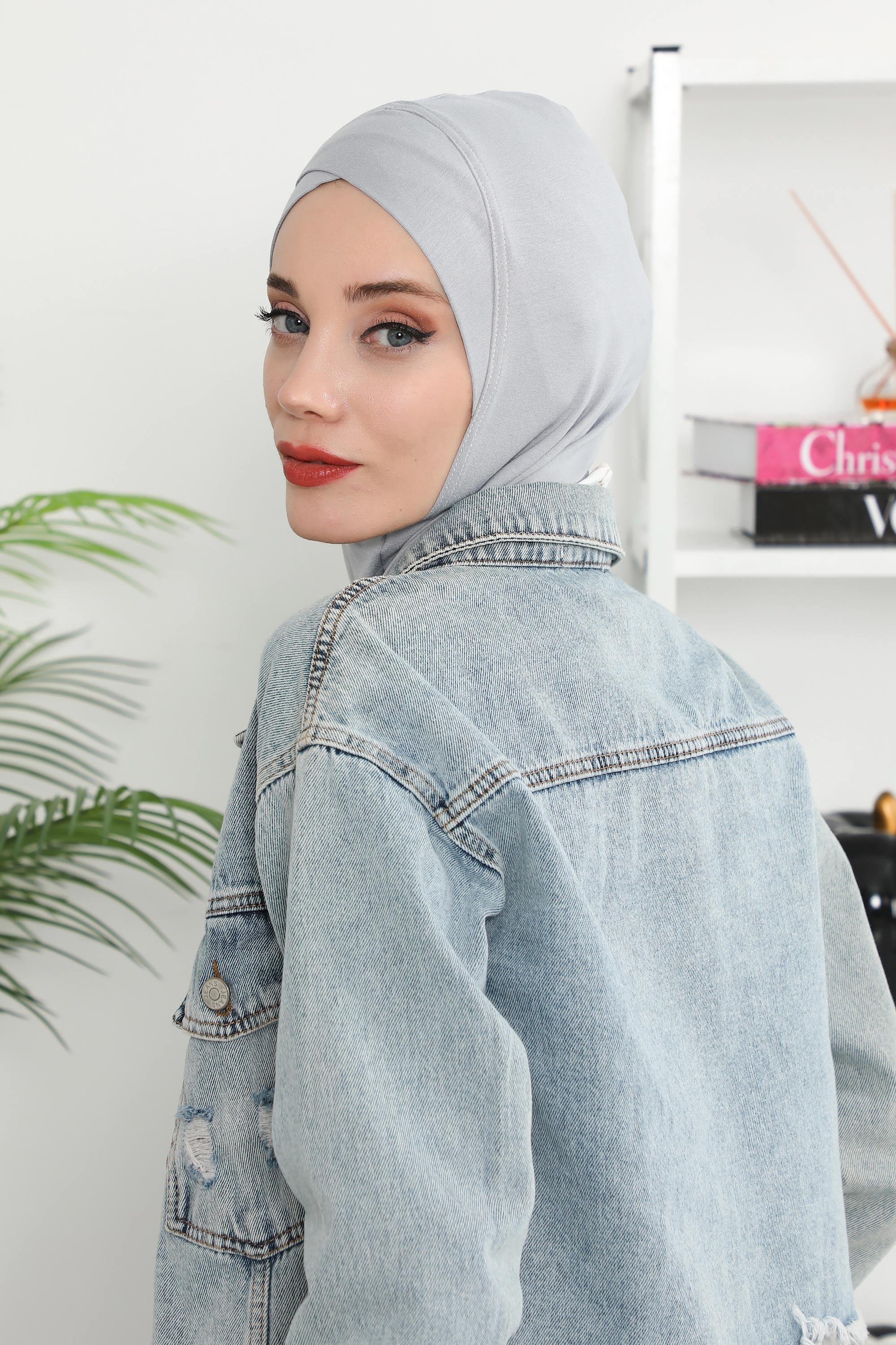 Minimalist Design Cotton Under Scarf Bonnet, Soft and Breathable Inner Hijab Cap, Easy Wear Cotton Bonnet Turban Ninja Cap,TB-4 Grey 2