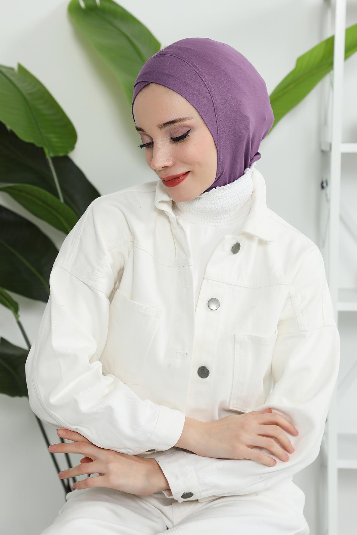 Minimalist Design Cotton Under Scarf Bonnet, Soft and Breathable Inner Hijab Cap, Easy Wear Cotton Bonnet Turban Ninja Cap,TB-4 Purple 2