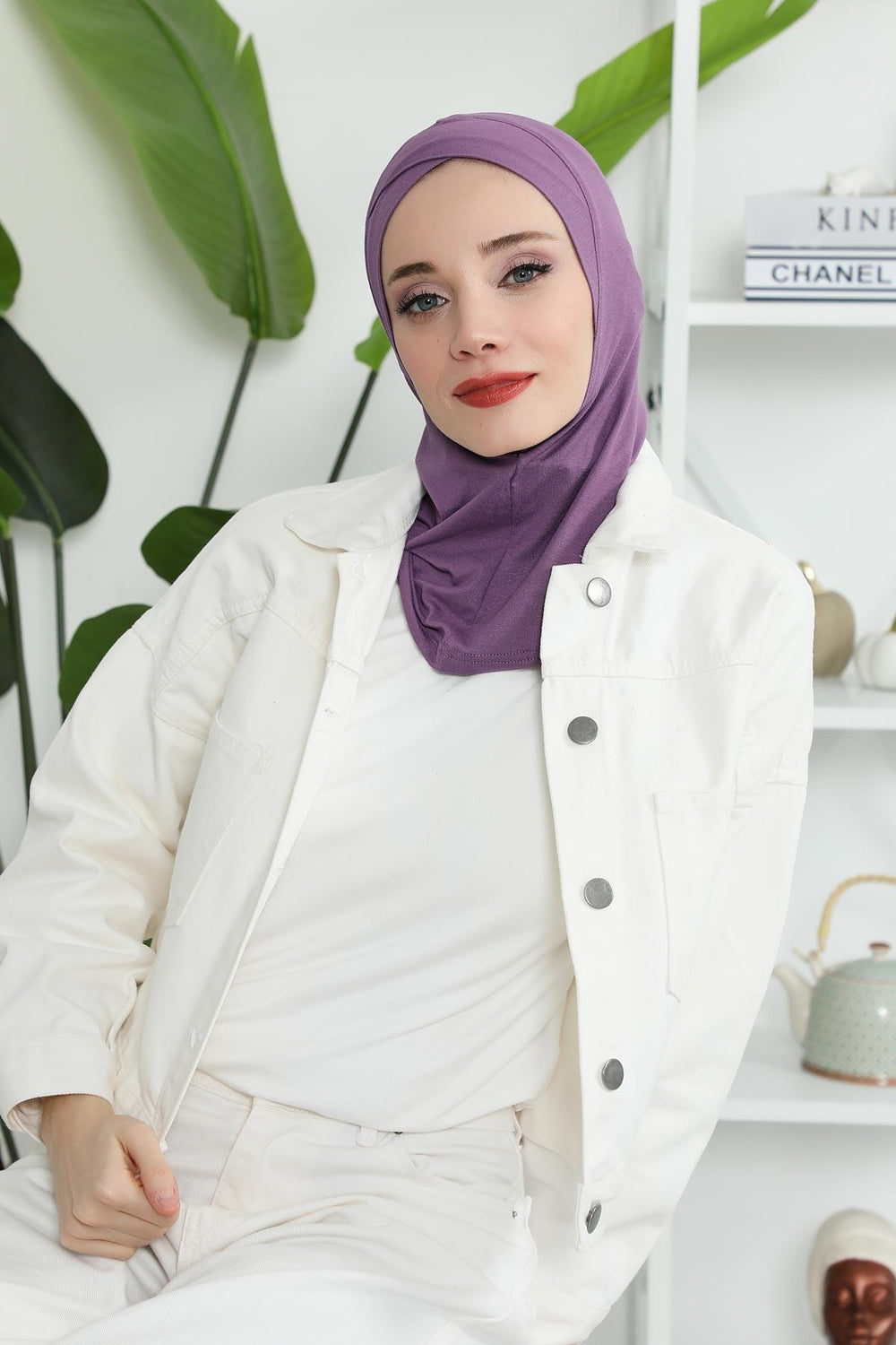 Minimalist Design Cotton Under Scarf Bonnet, Soft and Breathable Inner Hijab Cap, Easy Wear Cotton Bonnet Turban Ninja Cap,TB-4 Purple 2
