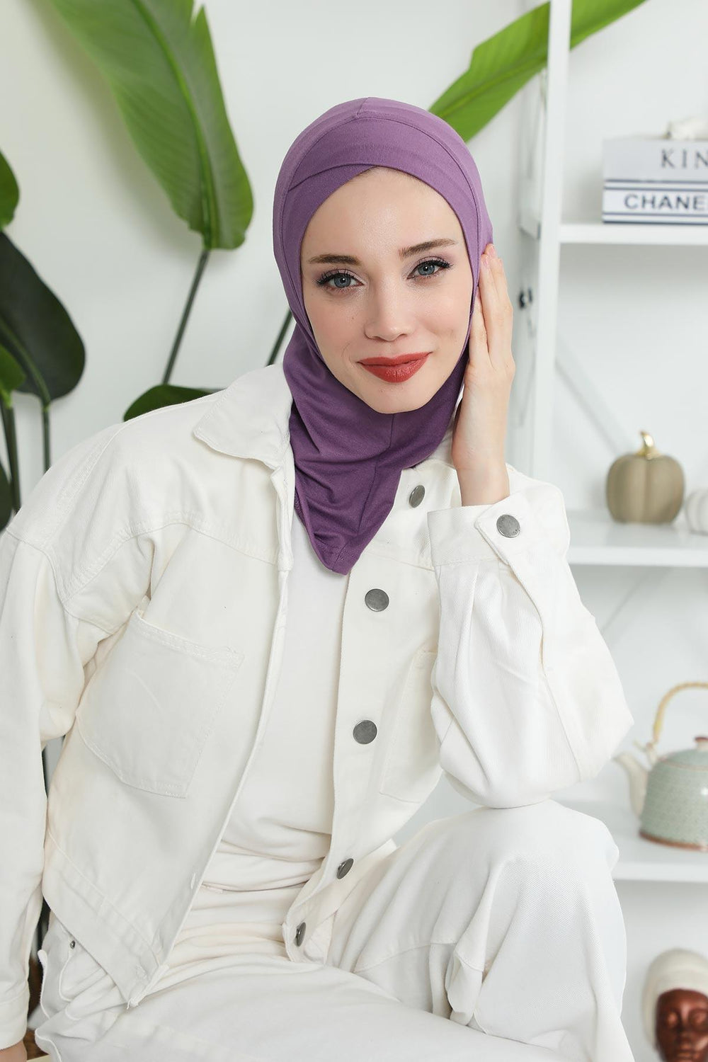 Minimalist Design Cotton Under Scarf Bonnet, Soft and Breathable Inner Hijab Cap, Easy Wear Cotton Bonnet Turban Ninja Cap,TB-4 Purple 2