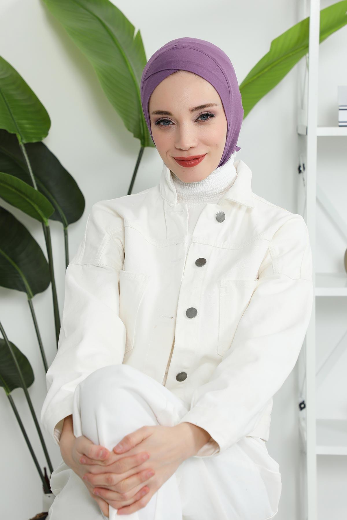 Minimalist Design Cotton Under Scarf Bonnet, Soft and Breathable Inner Hijab Cap, Easy Wear Cotton Bonnet Turban Ninja Cap,TB-4 Purple 2