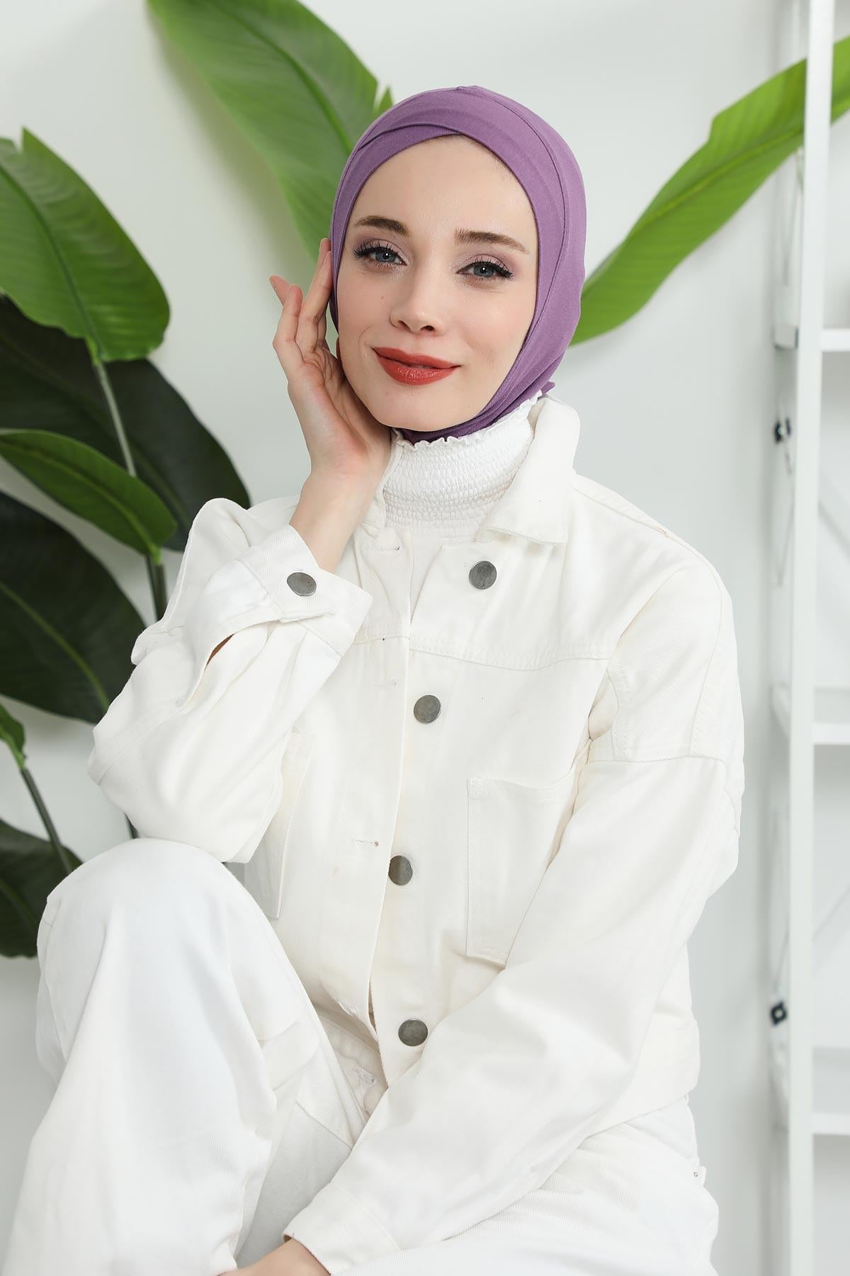 Minimalist Design Cotton Under Scarf Bonnet, Soft and Breathable Inner Hijab Cap, Easy Wear Cotton Bonnet Turban Ninja Cap,TB-4 Purple 2