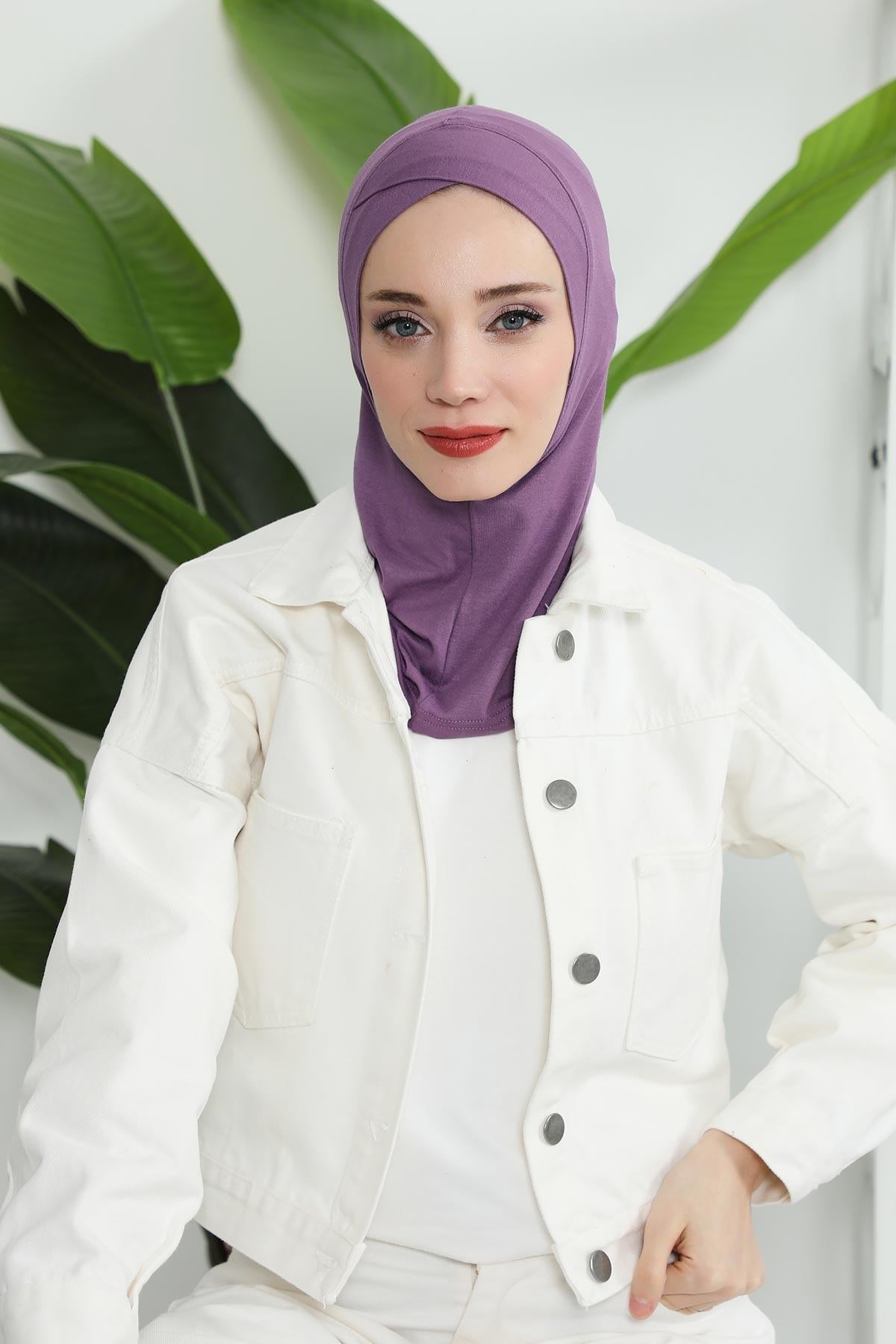 Minimalist Design Cotton Under Scarf Bonnet, Soft and Breathable Inner Hijab Cap, Easy Wear Cotton Bonnet Turban Ninja Cap,TB-4 Purple 2