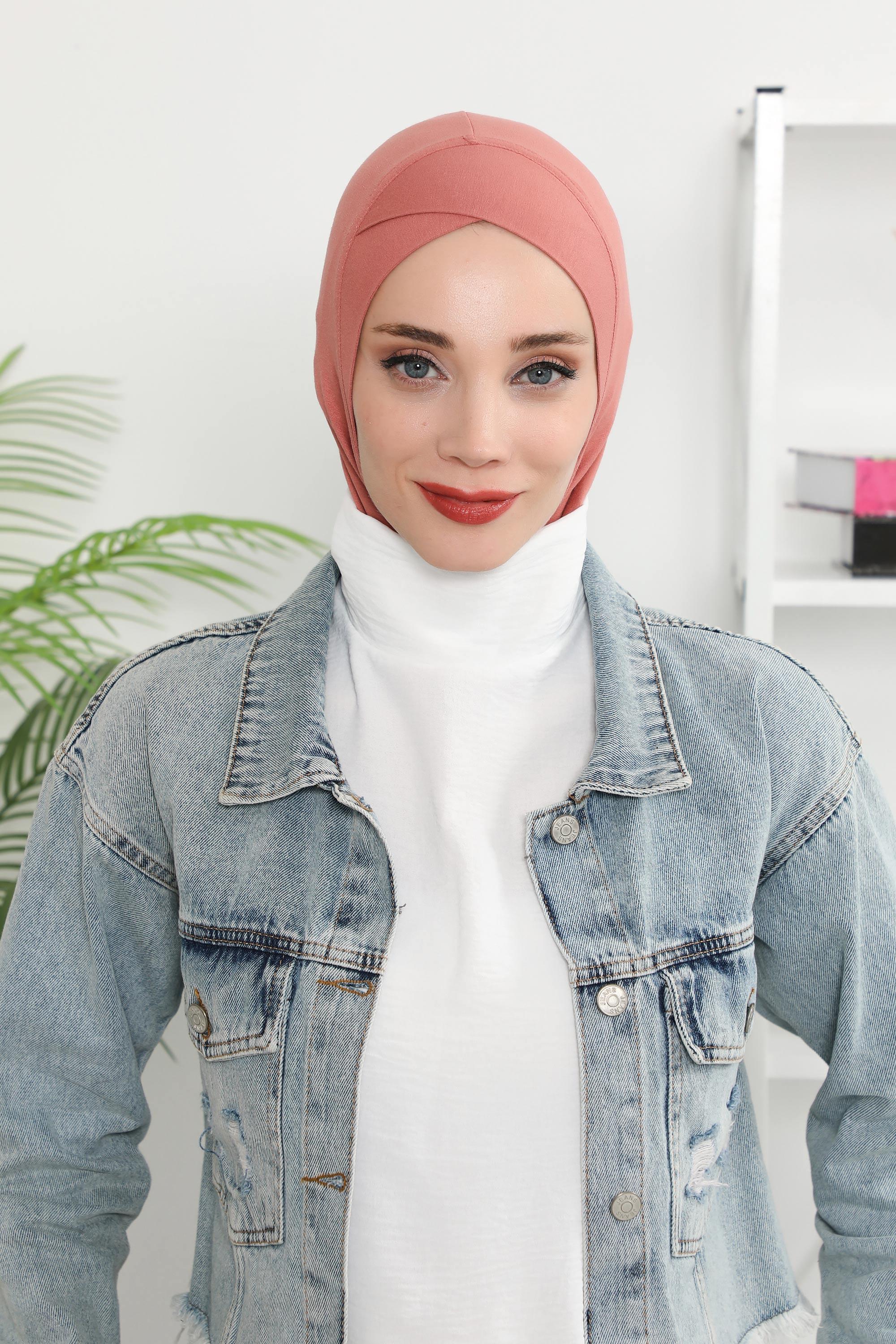Minimalist Design Cotton Under Scarf Bonnet, Soft and Breathable Inner Hijab Cap, Easy Wear Cotton Bonnet Turban Ninja Cap,TB-4 Salmon