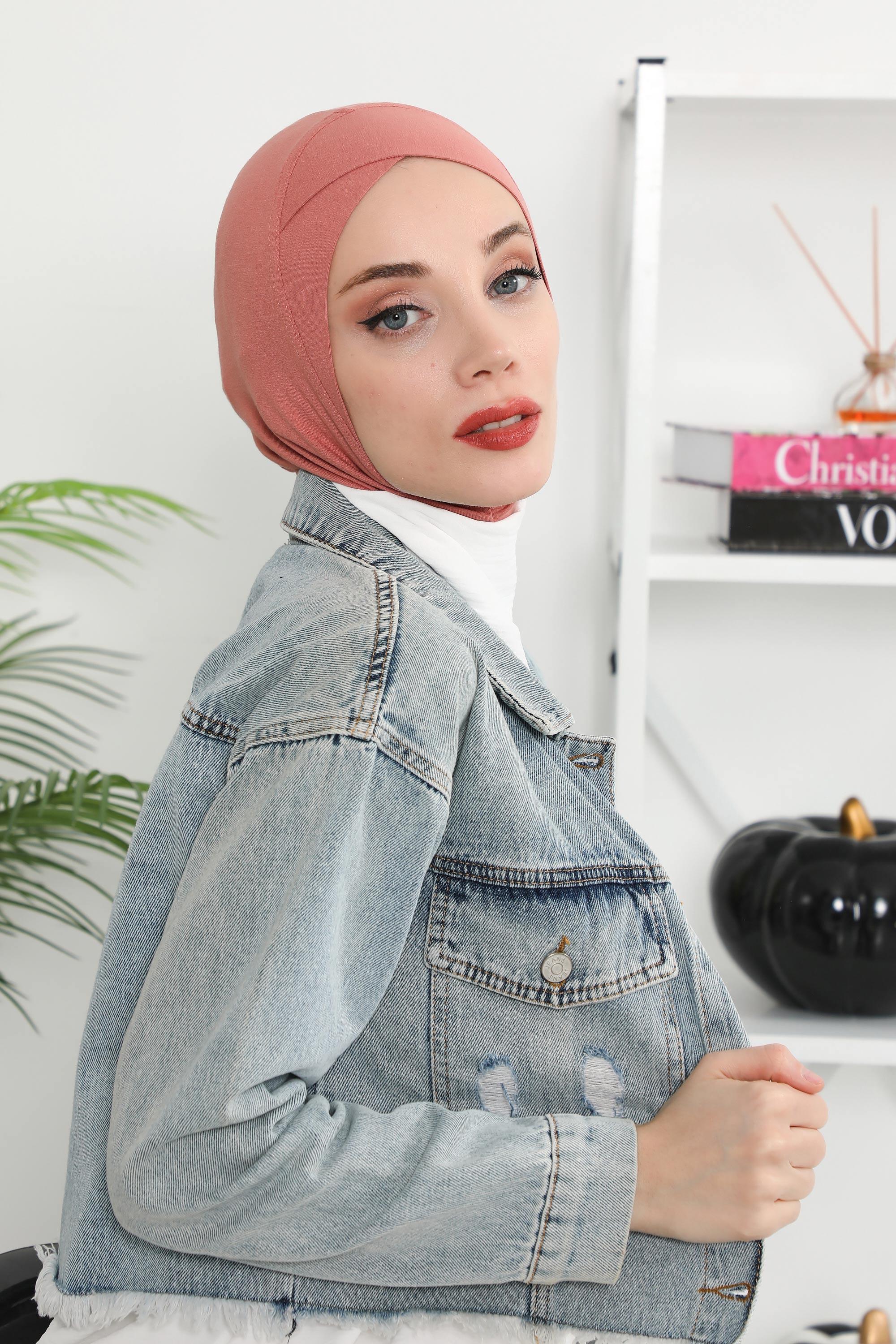 Minimalist Design Cotton Under Scarf Bonnet, Soft and Breathable Inner Hijab Cap, Easy Wear Cotton Bonnet Turban Ninja Cap,TB-4 Salmon