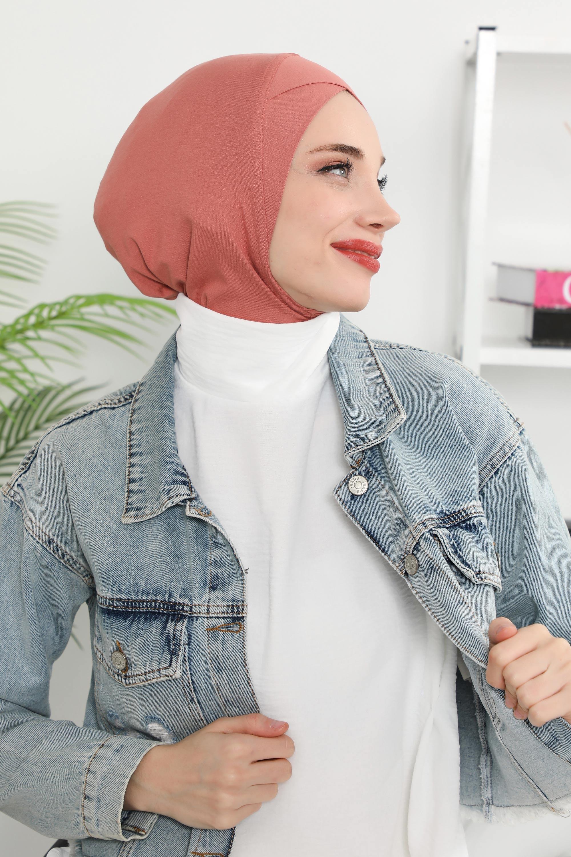 Minimalist Design Cotton Under Scarf Bonnet, Soft and Breathable Inner Hijab Cap, Easy Wear Cotton Bonnet Turban Ninja Cap,TB-4 Salmon