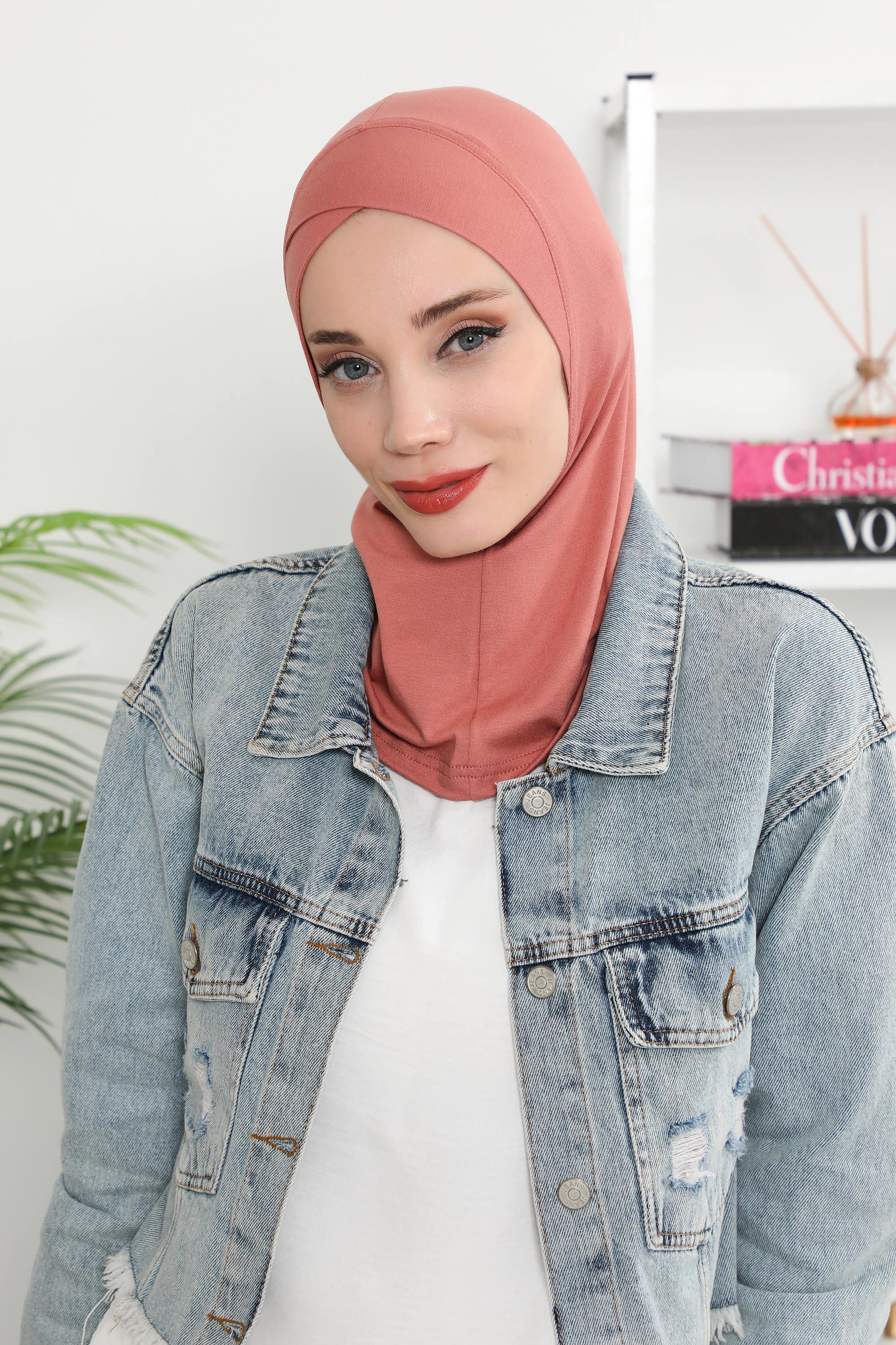 Minimalist Design Cotton Under Scarf Bonnet, Soft and Breathable Inner Hijab Cap, Easy Wear Cotton Bonnet Turban Ninja Cap,TB-4 Salmon