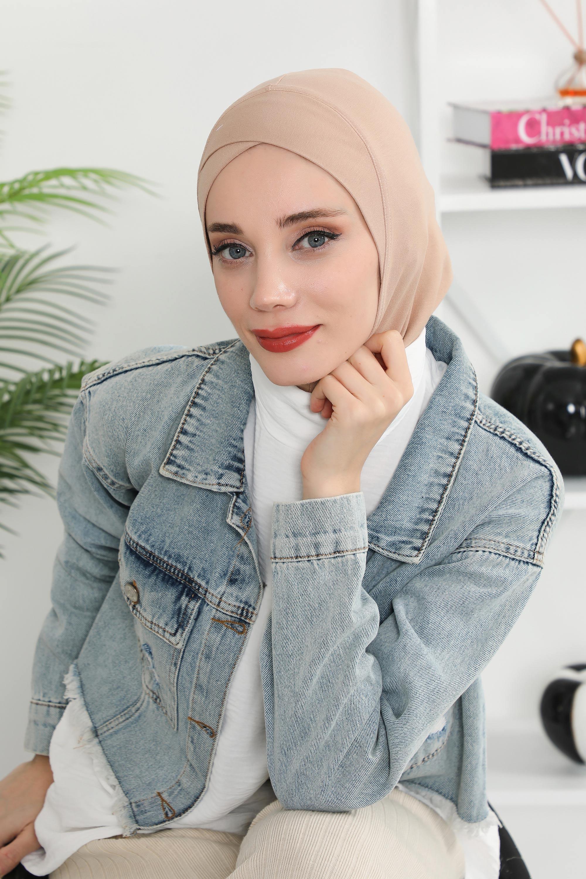 Minimalist Design Cotton Under Scarf Bonnet, Soft and Breathable Inner Hijab Cap, Easy Wear Cotton Bonnet Turban Ninja Cap,TB-4 Sand Brown