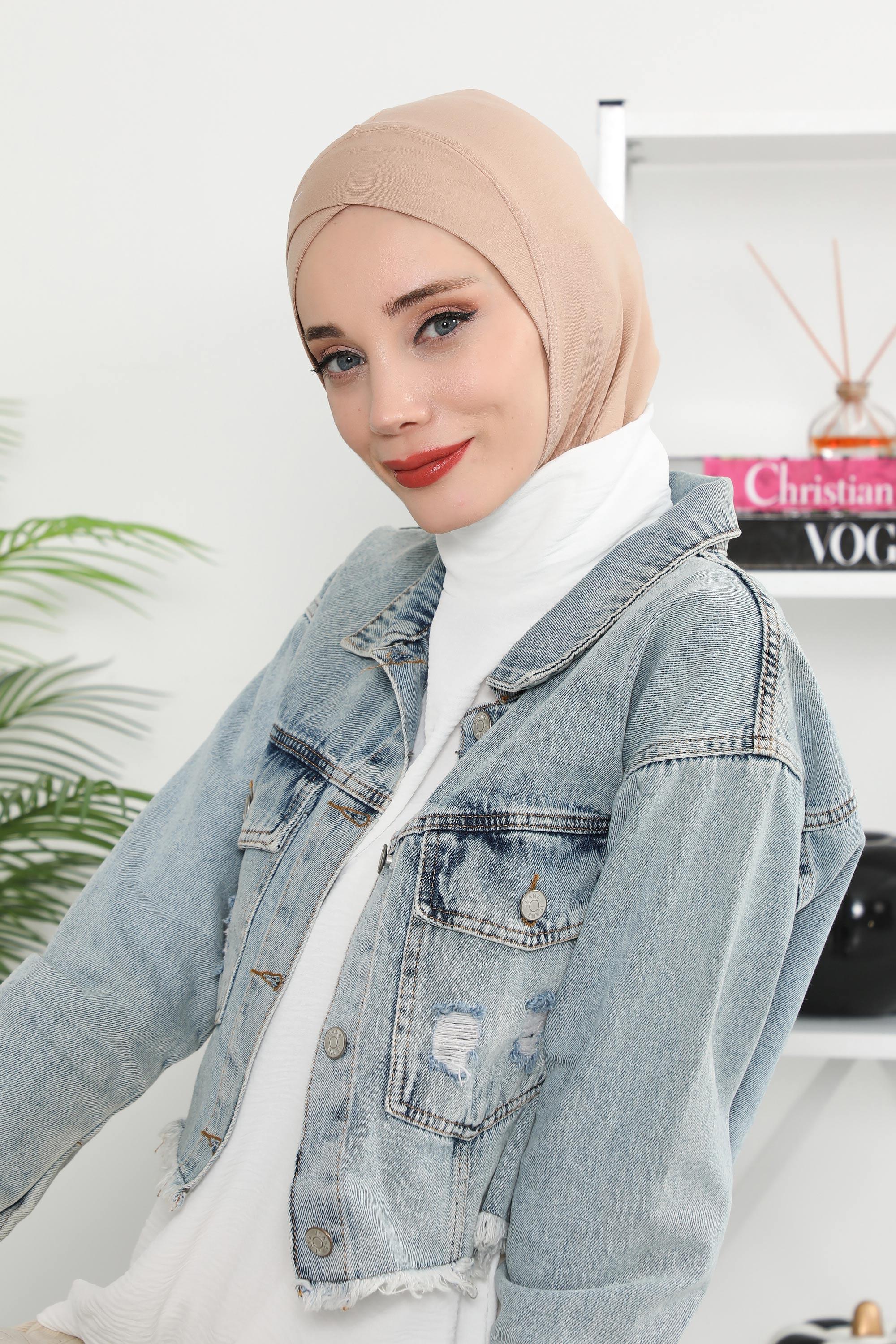 Minimalist Design Cotton Under Scarf Bonnet, Soft and Breathable Inner Hijab Cap, Easy Wear Cotton Bonnet Turban Ninja Cap,TB-4 Sand Brown