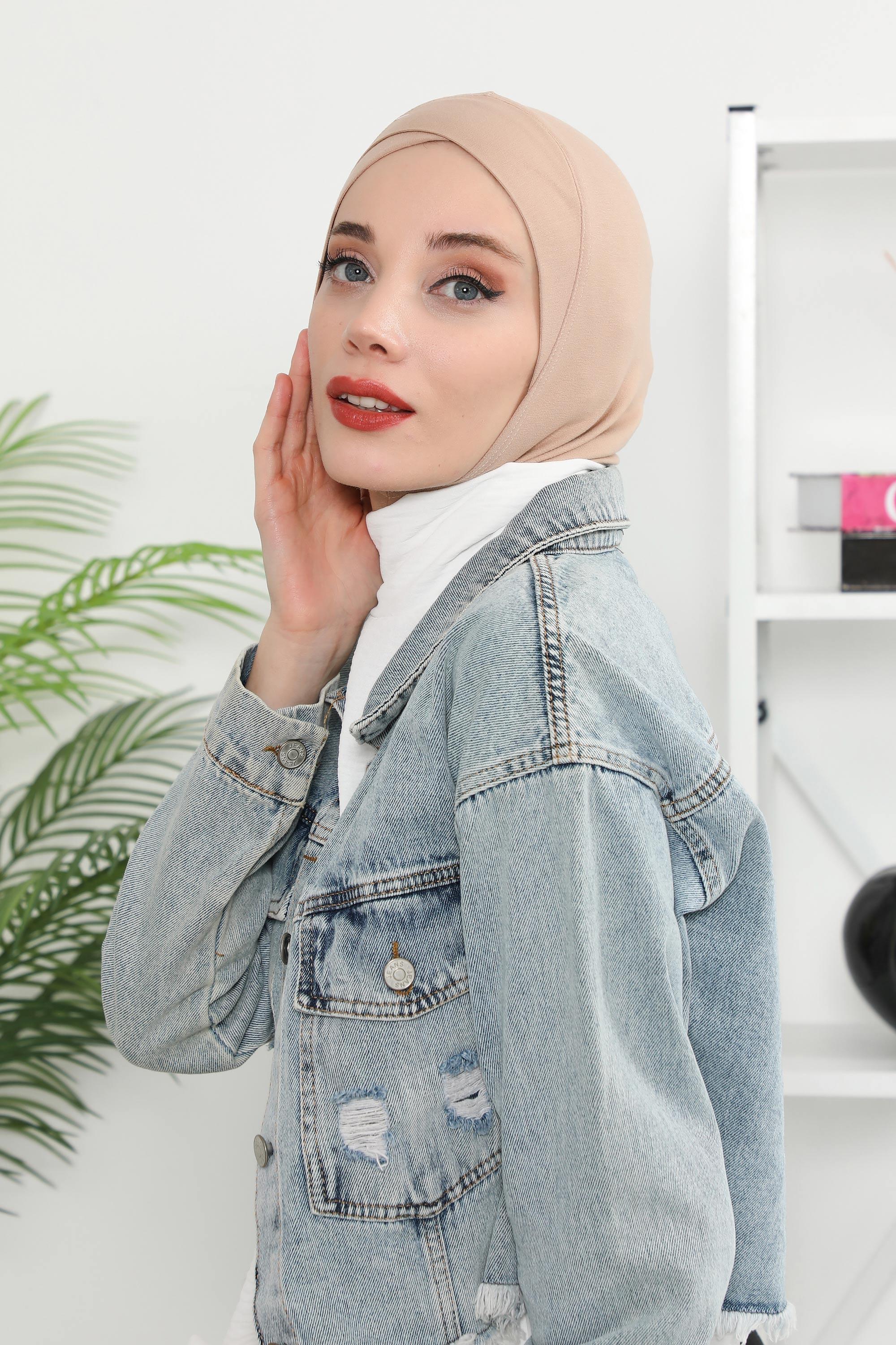 Minimalist Design Cotton Under Scarf Bonnet, Soft and Breathable Inner Hijab Cap, Easy Wear Cotton Bonnet Turban Ninja Cap,TB-4 Sand Brown