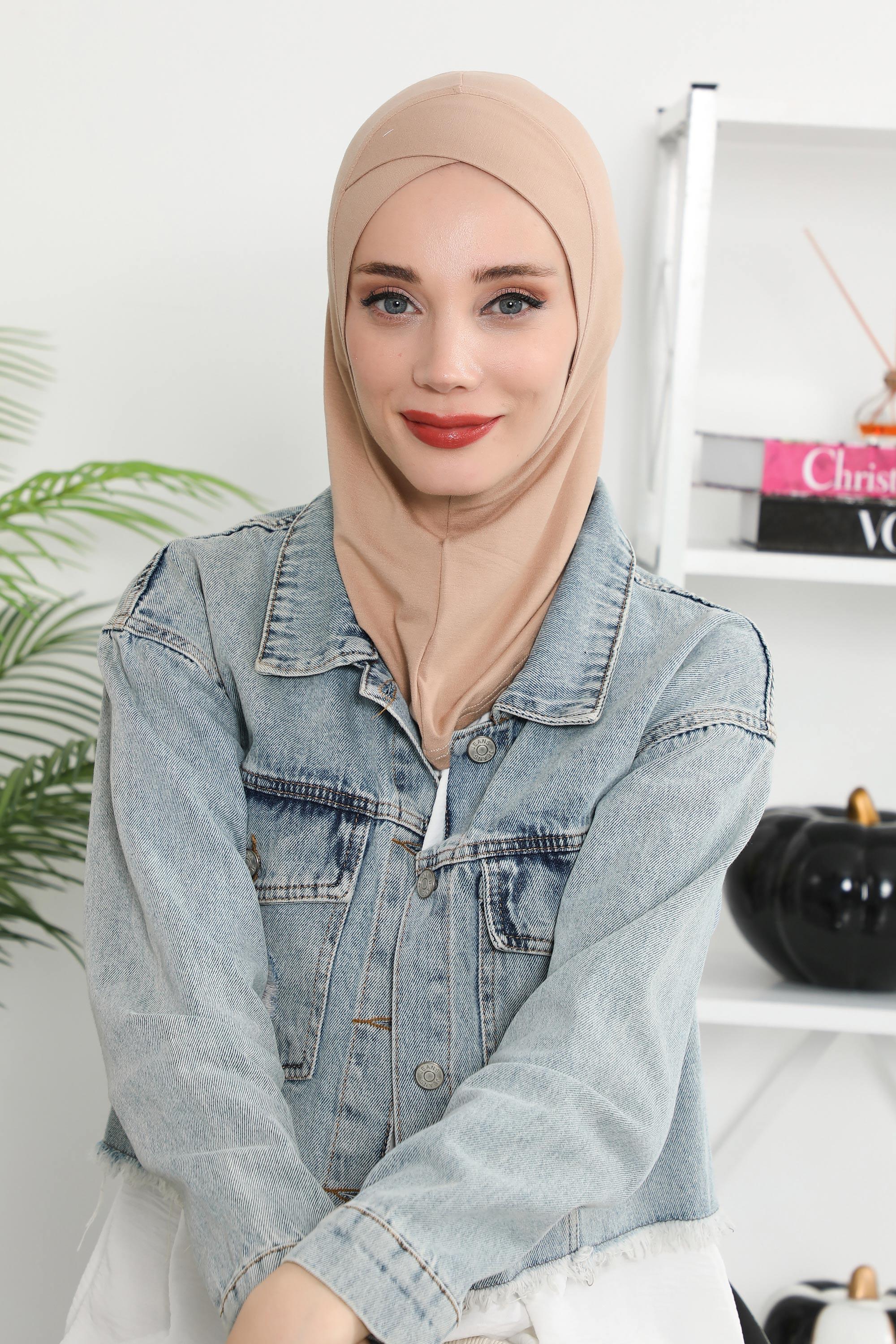 Minimalist Design Cotton Under Scarf Bonnet, Soft and Breathable Inner Hijab Cap, Easy Wear Cotton Bonnet Turban Ninja Cap,TB-4 Sand Brown