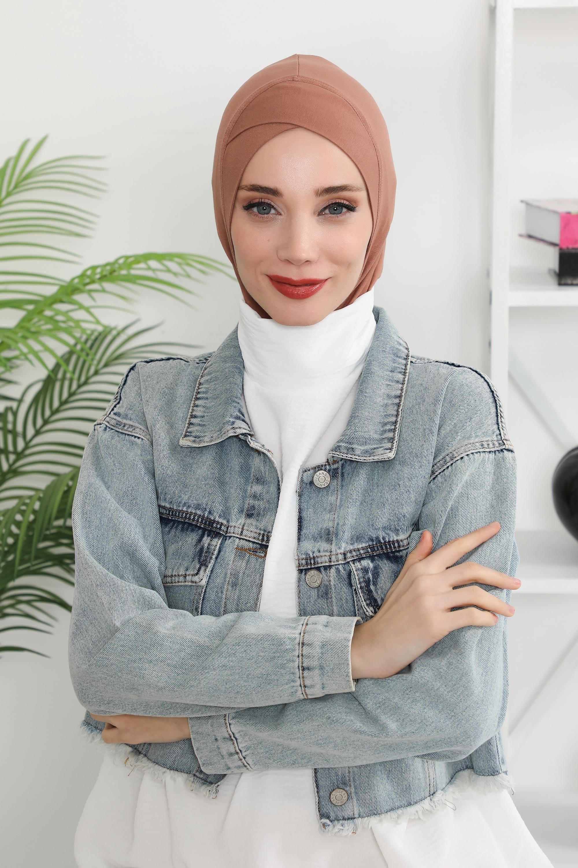 Minimalist Design Cotton Under Scarf Bonnet, Soft and Breathable Inner Hijab Cap, Easy Wear Cotton Bonnet Turban Ninja Cap,TB-4 Caramel Brown